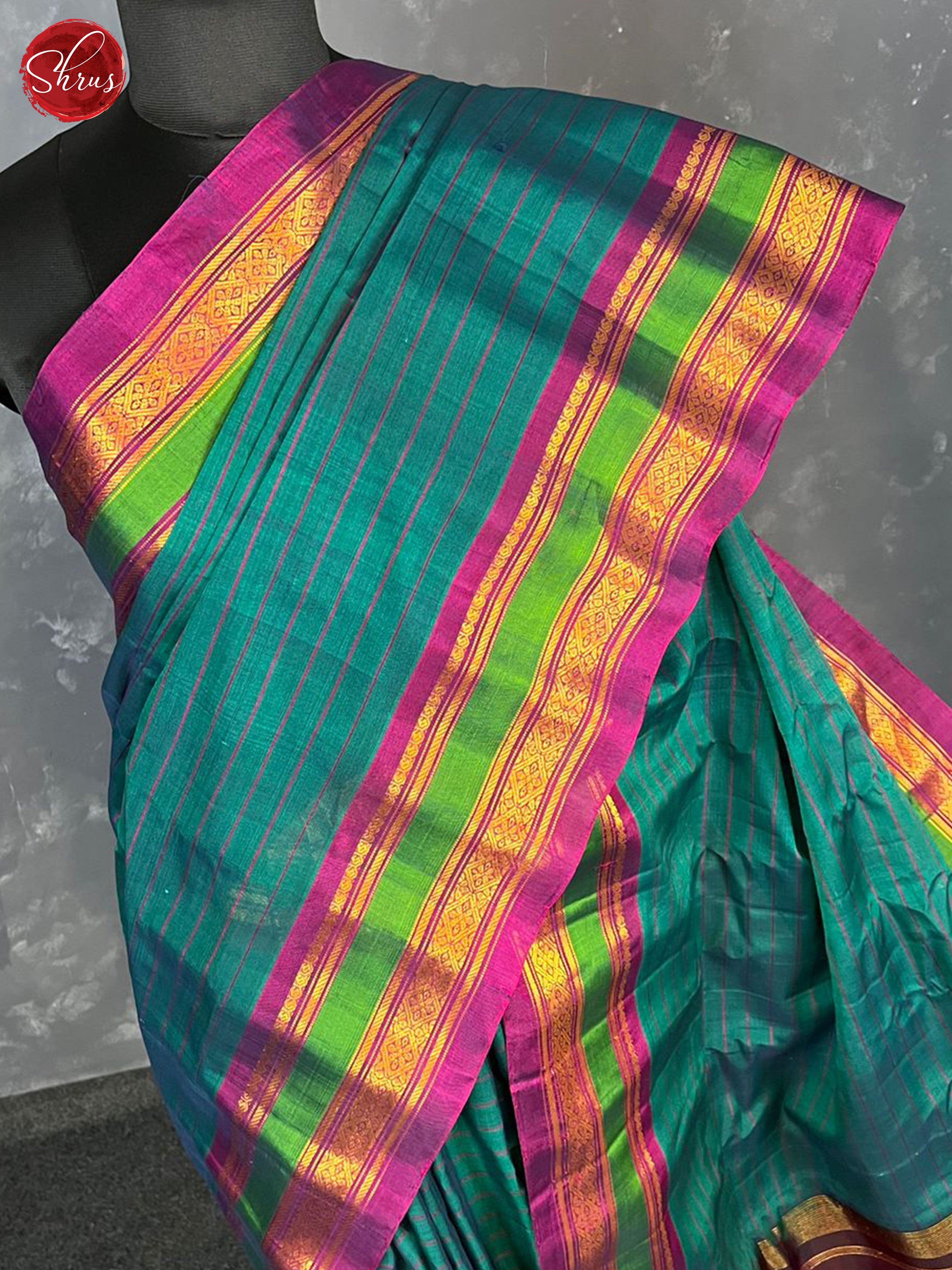 Peacock Green & Pink  - Gadwal Silk Cotton Saree - Shop on ShrusEternity.com