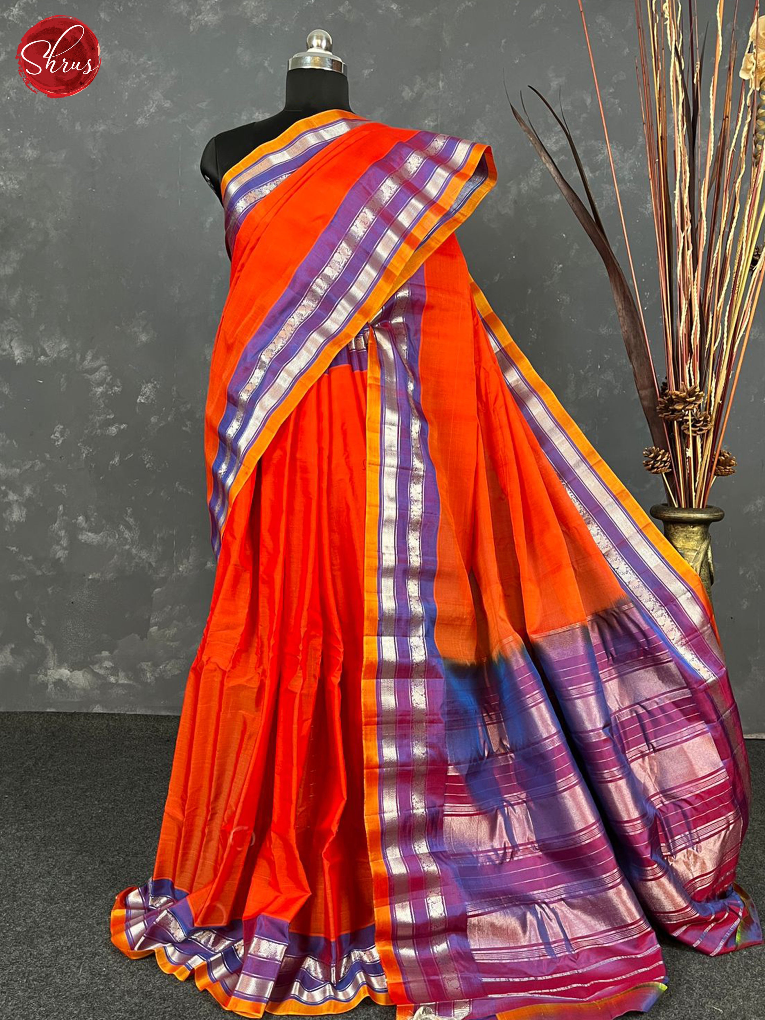 Orange & Purple - Gadwal Silk Cotton Saree - Shop on ShrusEternity.com