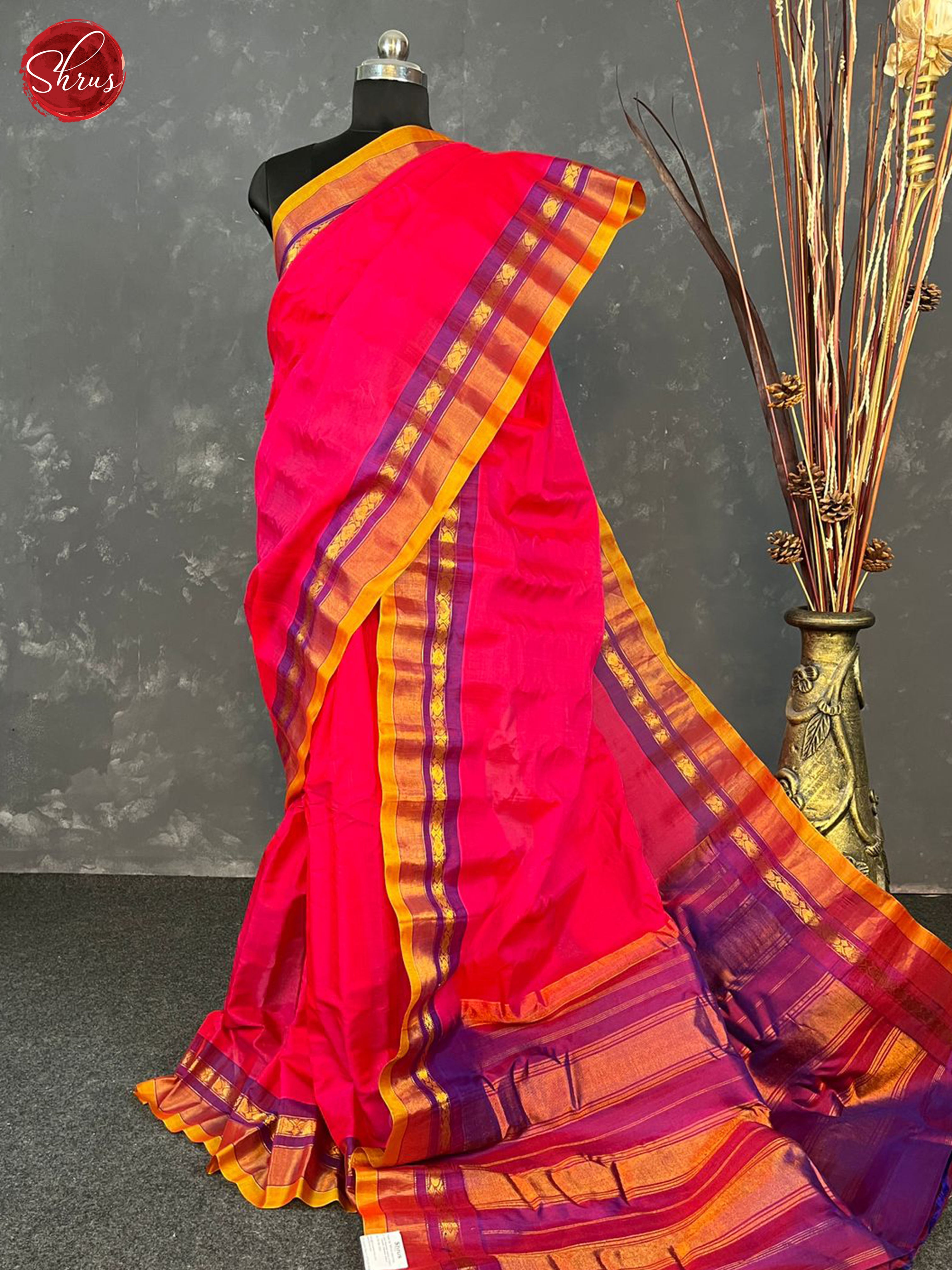 Pink & Mustard - Gadwal Silk Cotton Saree - Shop on ShrusEternity.com