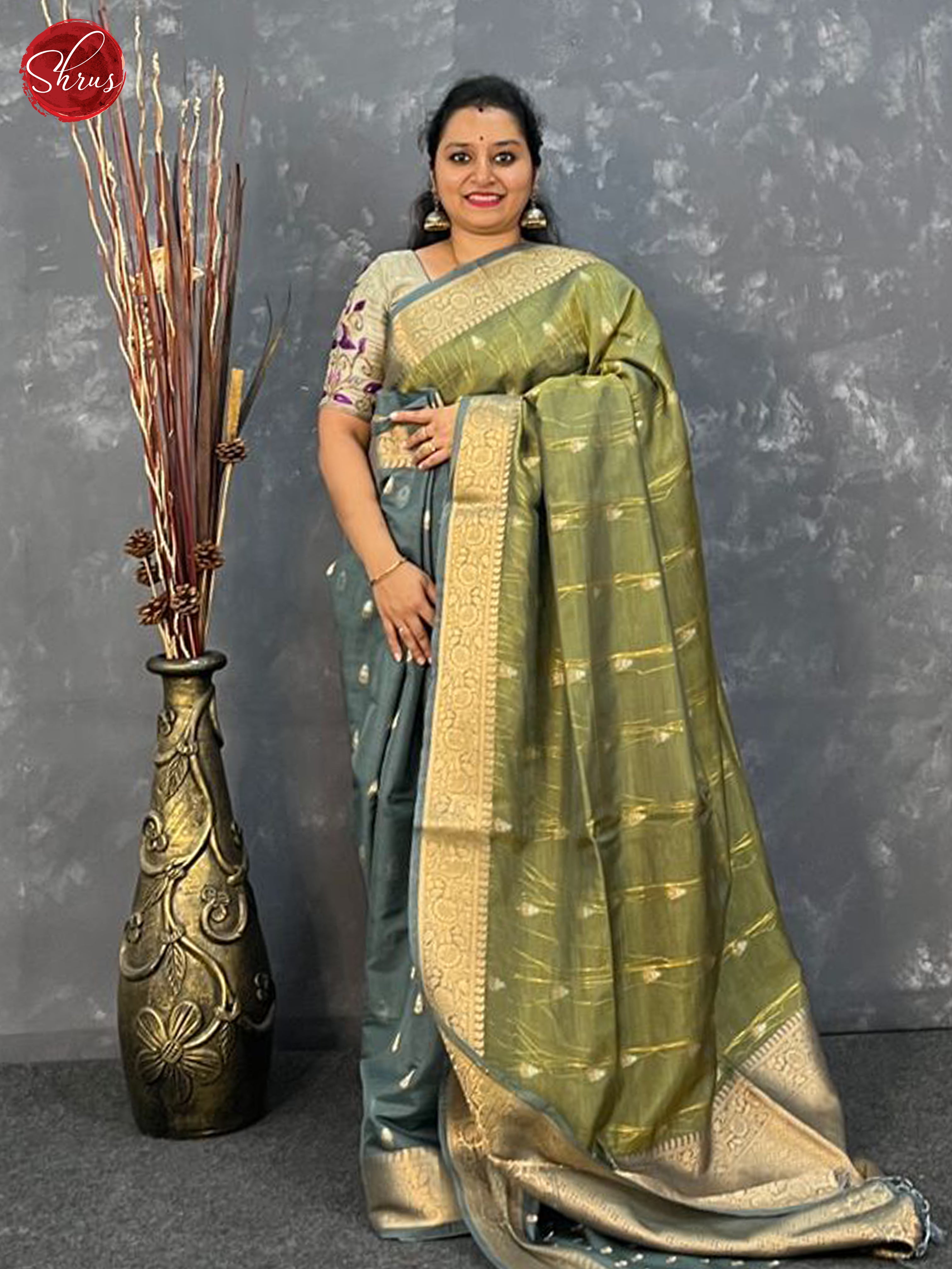 Mehandi Green & Grey - Semi Tissue Saree - Shop on ShrusEternity.com