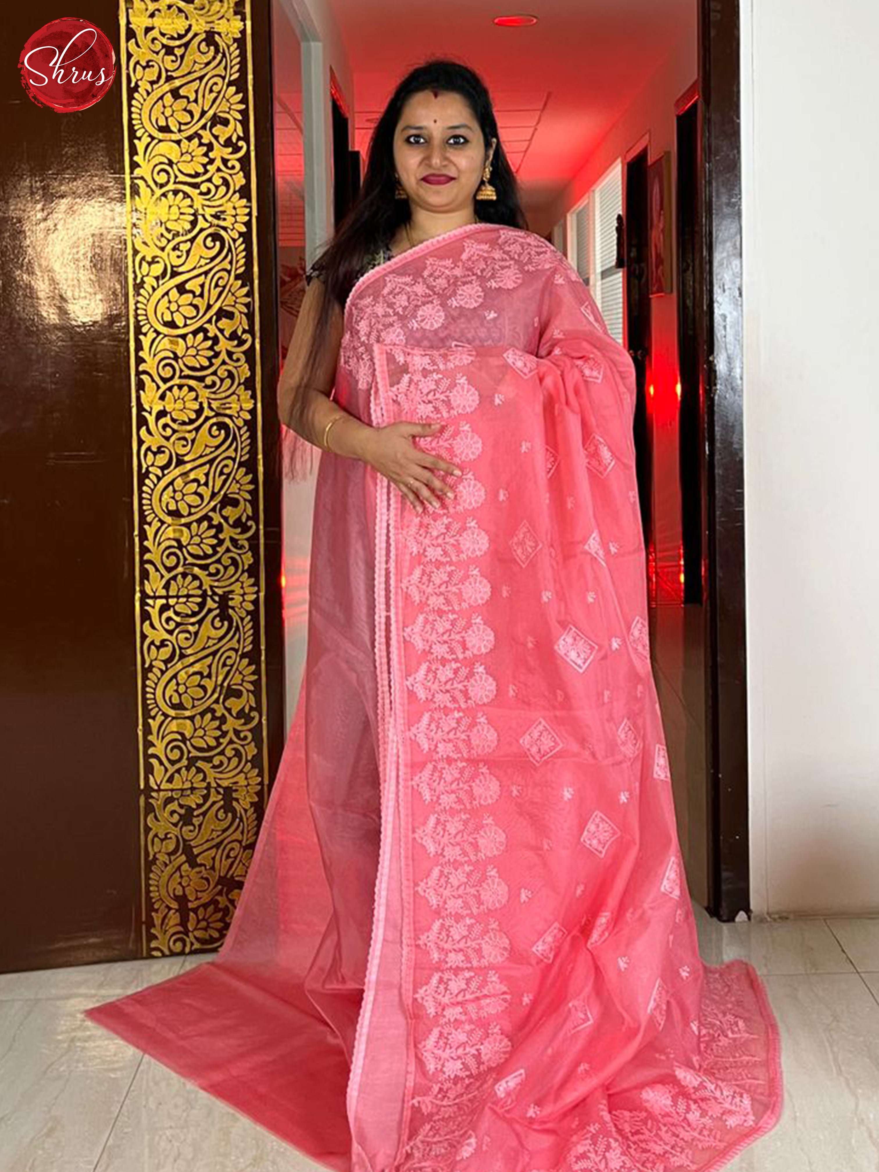 Peachish Pink(Single Tone) - Semi organza Saree - Shop on ShrusEternity.com