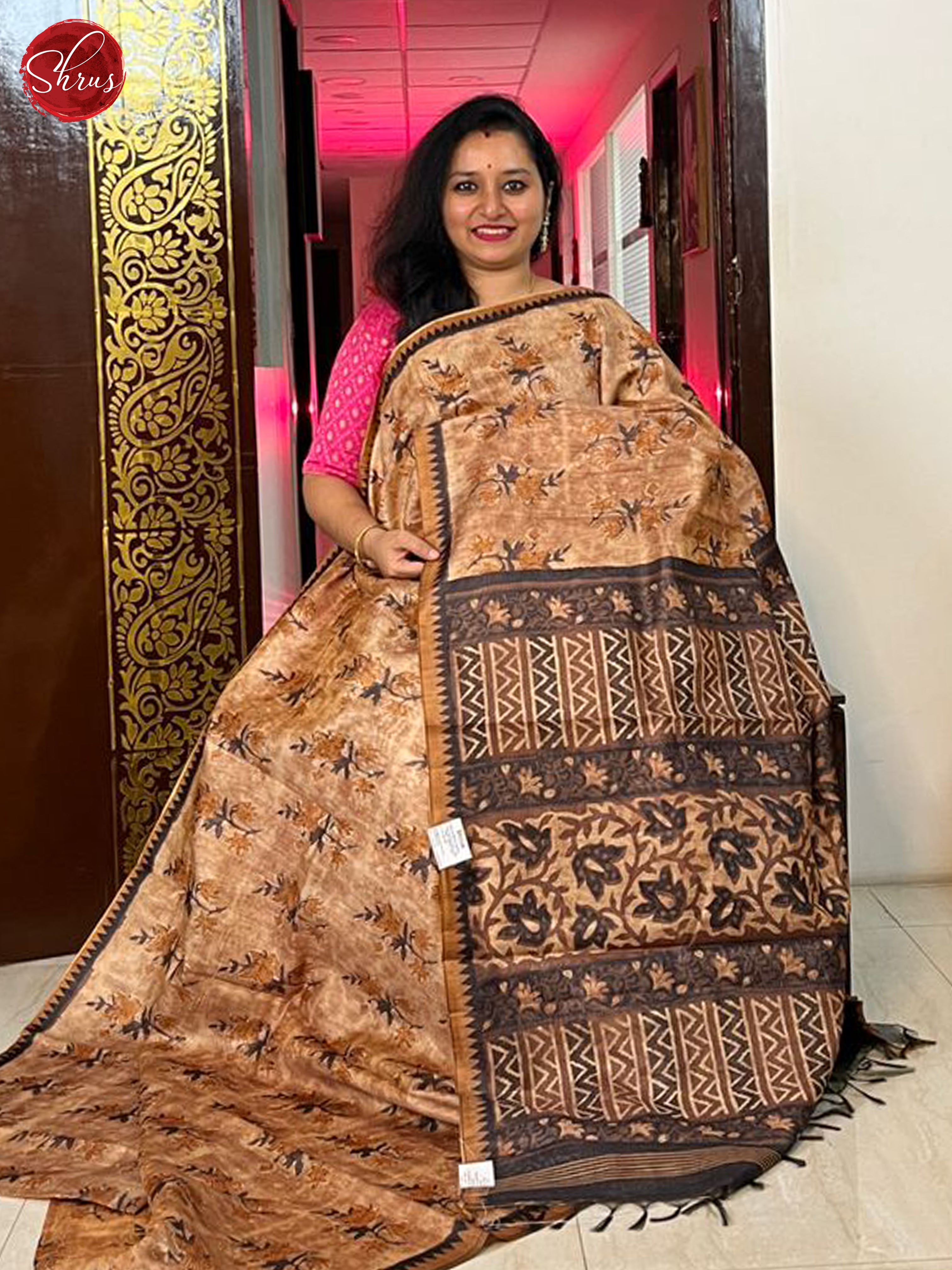 Light Brown & brown - Semi gicha Saree - Shop on ShrusEternity.com