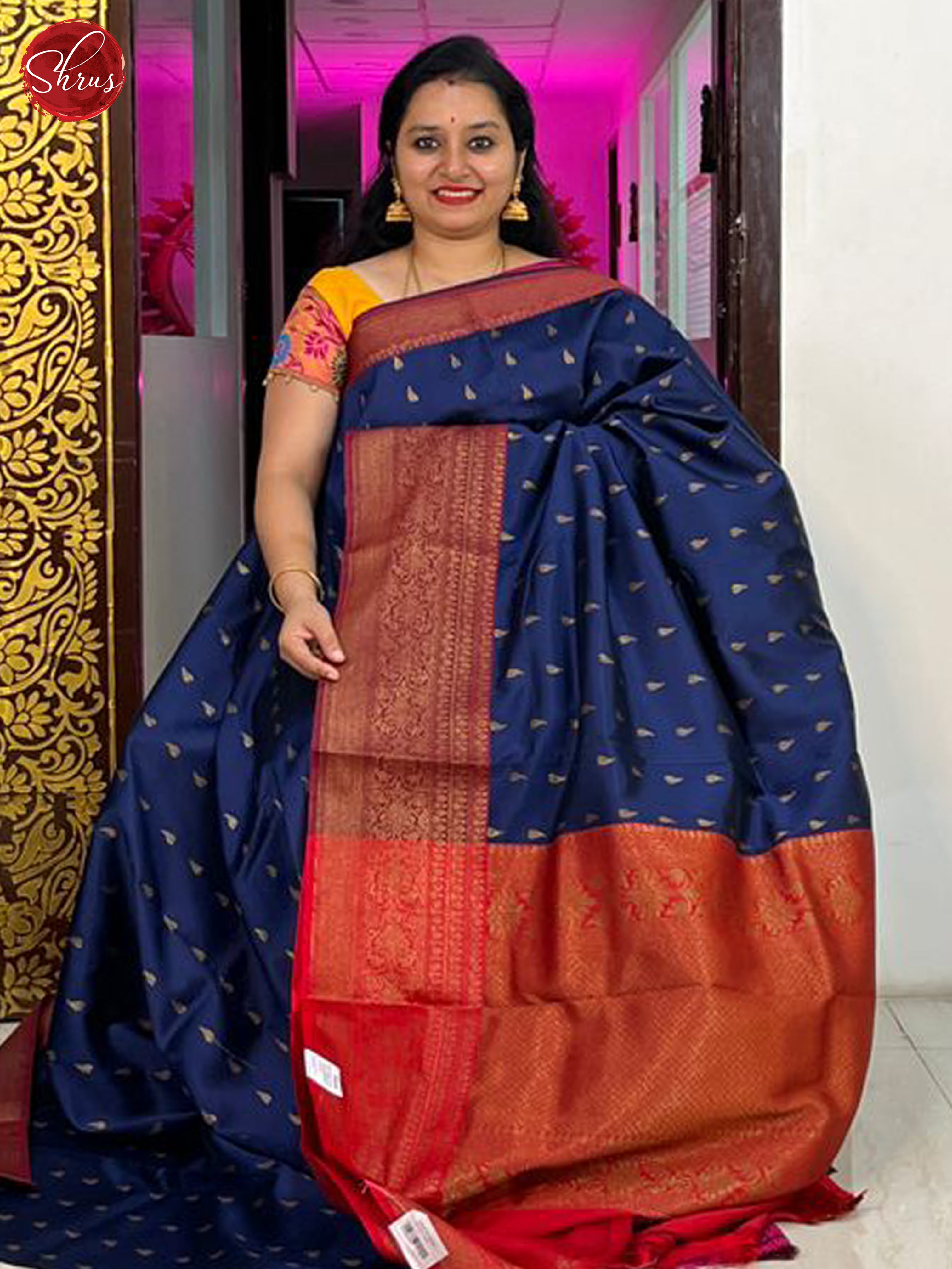 Navy Blue & Red - Semi dupion Saree - Shop on ShrusEternity.com