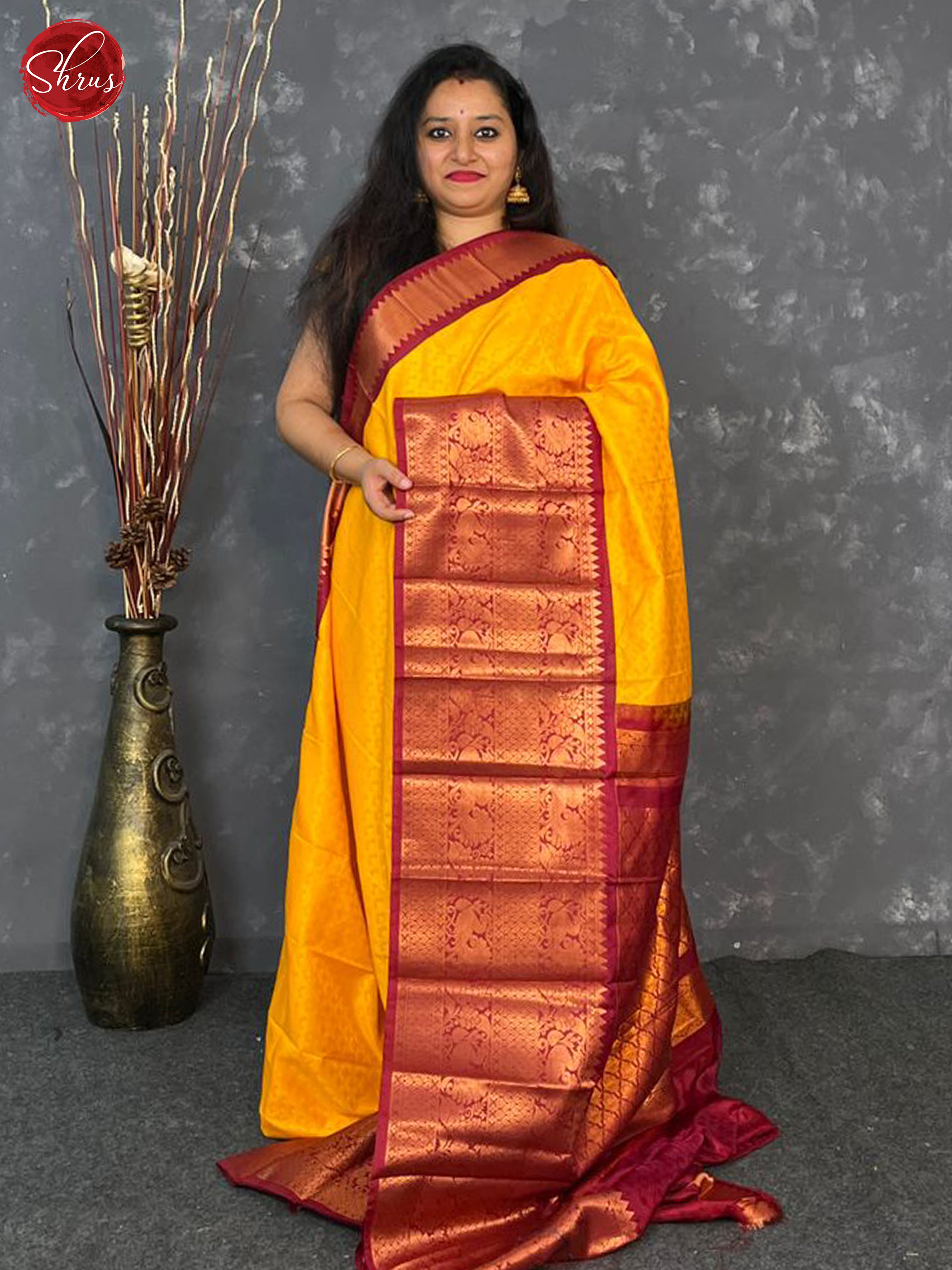 Yellow & Maroon - Semi Kanchipuram Saree - Shop on ShrusEternity.com