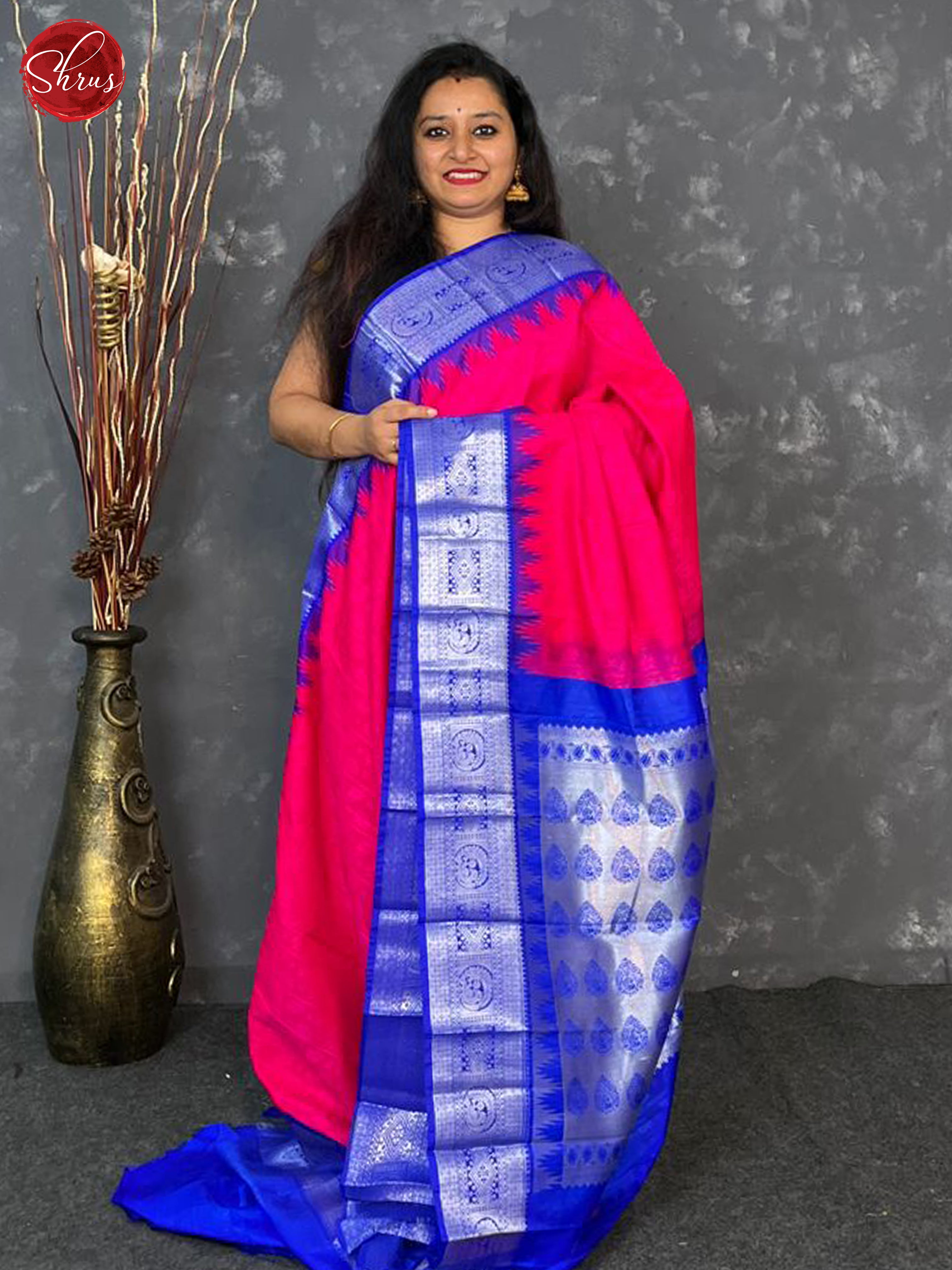 Pink & Blue - Semi Kanchipuram Saree - Shop on ShrusEternity.com