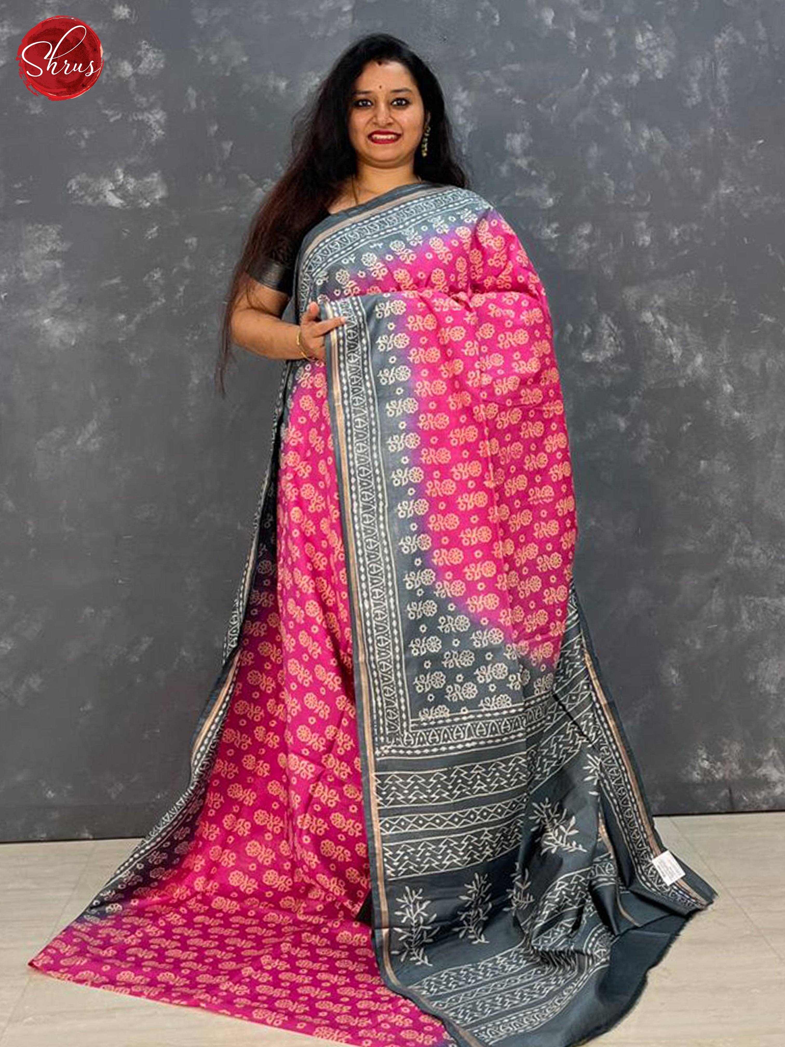 Pink & Grey - Semi Chanderi Saree - Shop on ShrusEternity.com