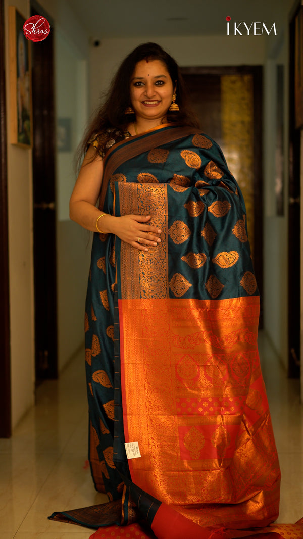 Peacock  Blue & Maroon- Semi kanchipuram Saree - Shop on ShrusEternity.com