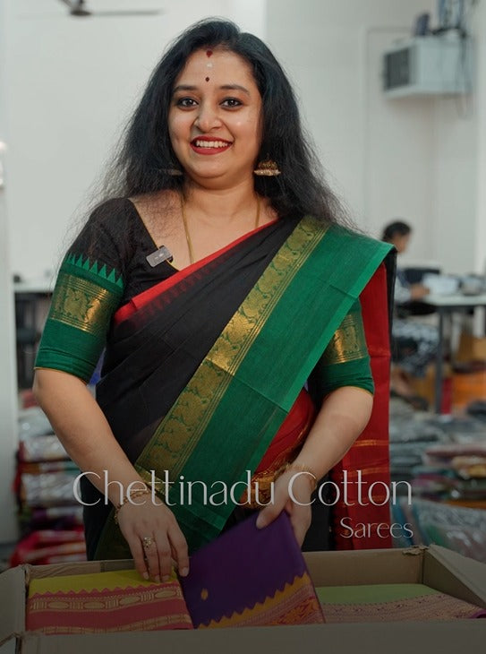 Stunning Black Chettinad Cotton Saree With Red & Green Ganga Jamuna Zari Woven Border