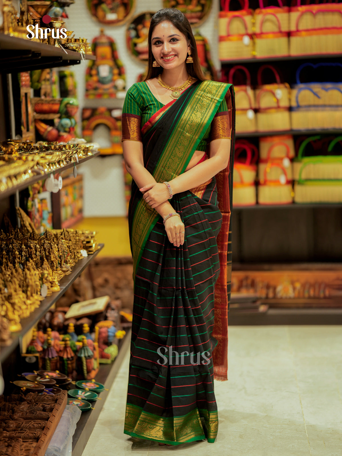 Classic Black Chettinad Cotton Saree With Stripes & Ganga Jamuna Zari Border 