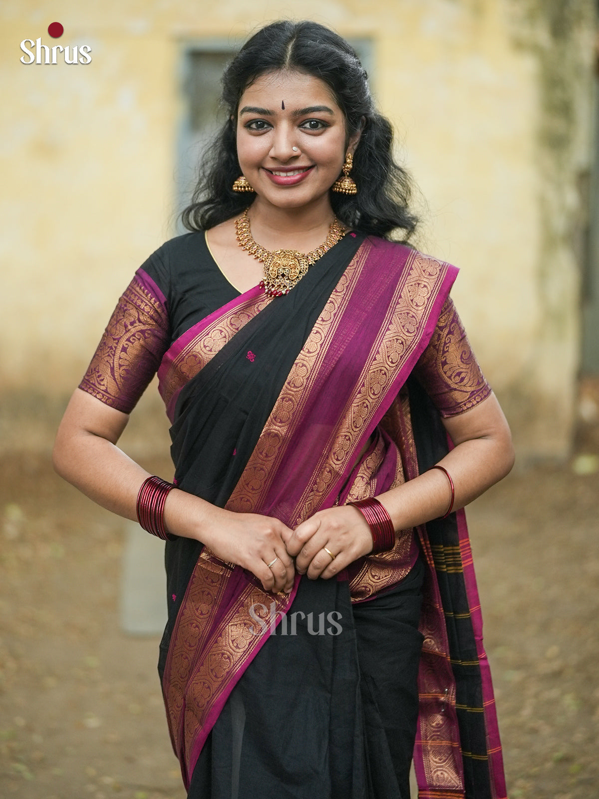 Mystique Black Chettinad Cotton Saree With Thread Buttas & Purple Rettapet Zari Border