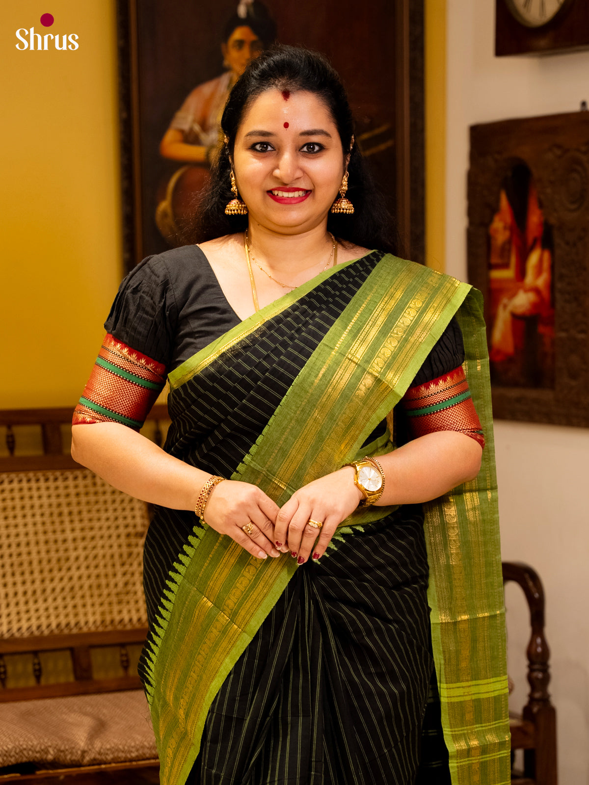 Bold Black Chettinad Cotton Saree With Woven Stripes & Lime Green Temple  Zari Border