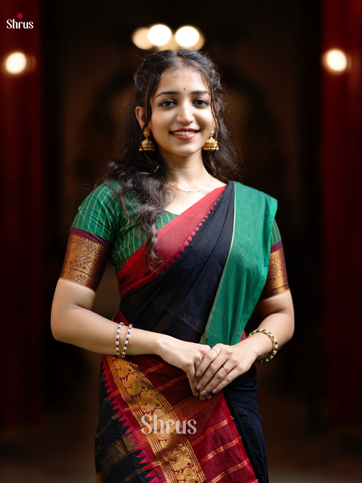 Stunning Black Chettinad Cotton Sarees With Red & Green Ganga Jamuna Zari Woven Border