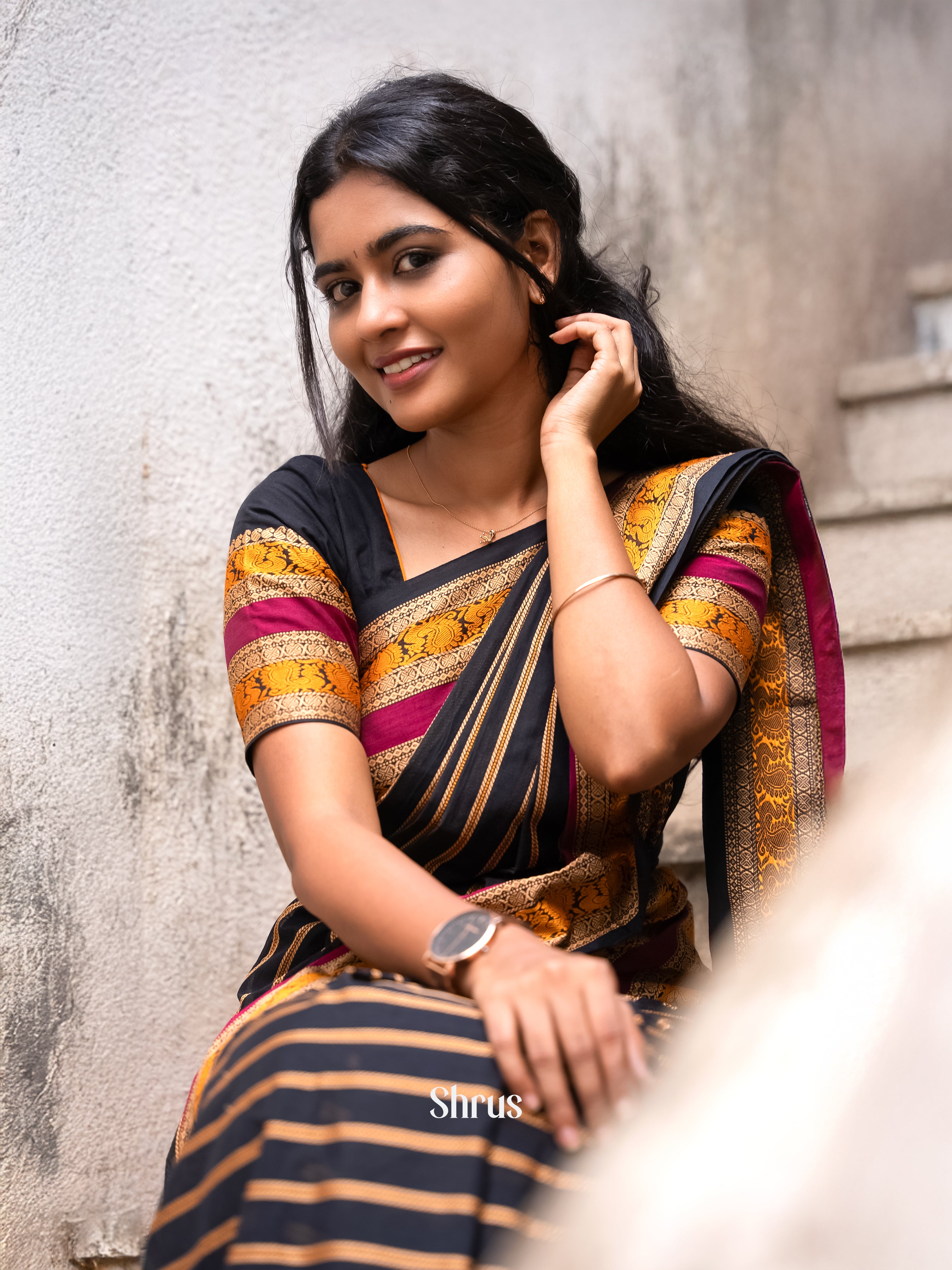 Mystique Black Chettinad Cotton Sarees With Stripes & Thread Woven Peacock Buttas