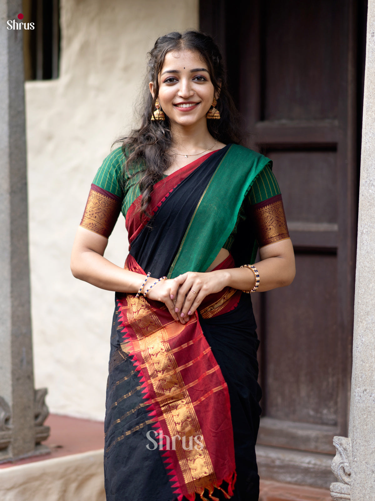 Stunning Black Chettinad Saree With Red & Green Ganga Jamuna Zari Woven Border