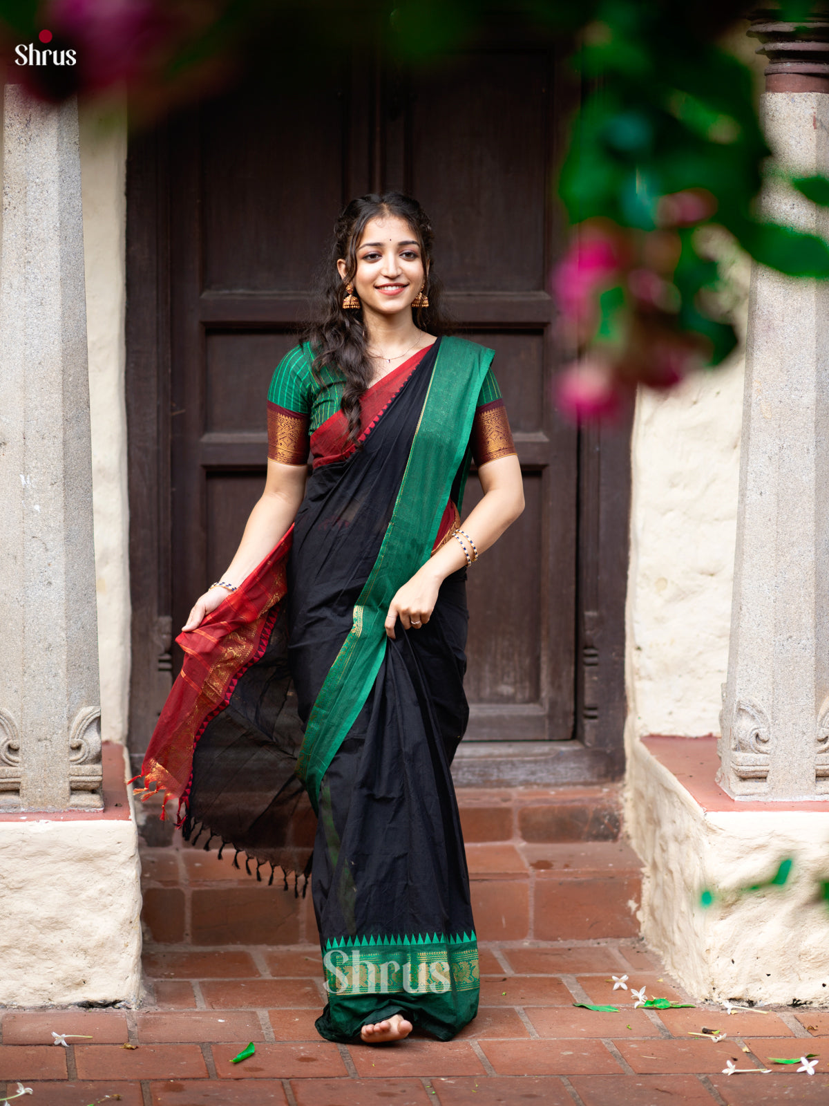 Stunning Black Chettinad Sarees With Red & Green Ganga Jamuna Zari Woven Border