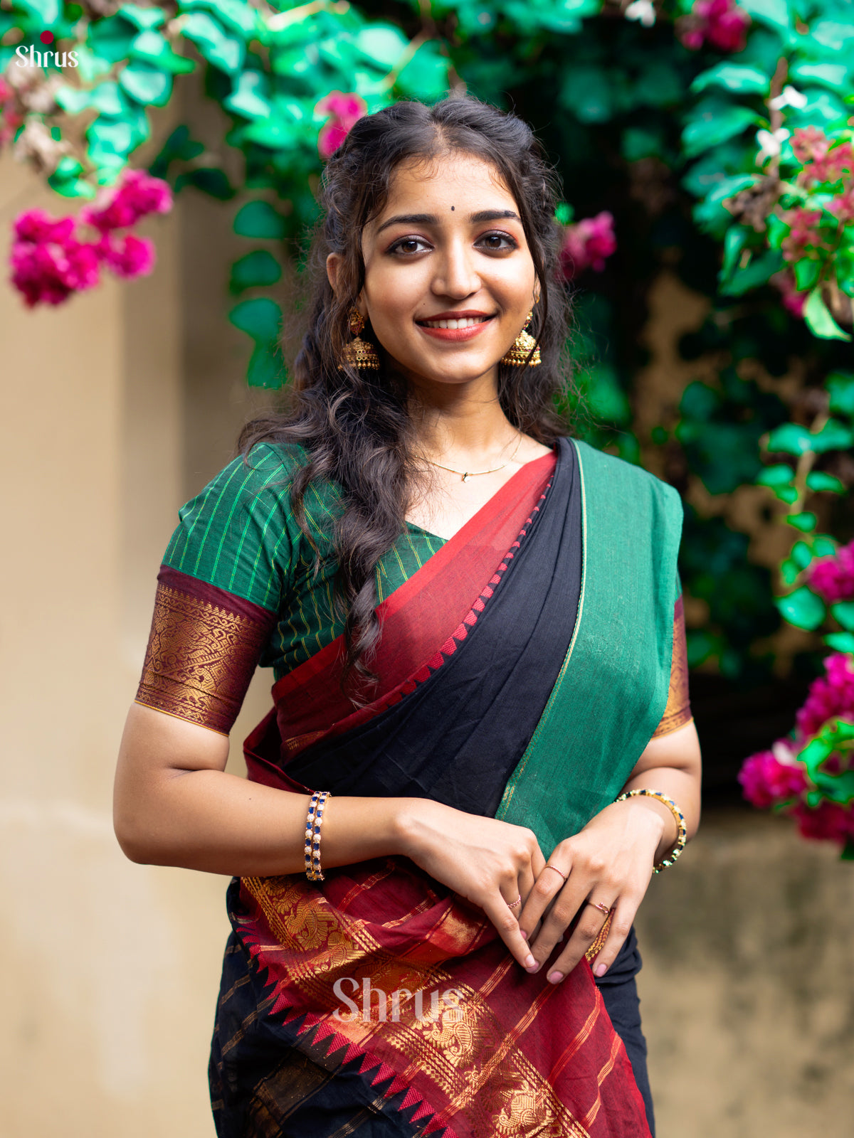 Stunning Black Cotton Saree With Red & Green Ganga Jamuna Zari Woven Border