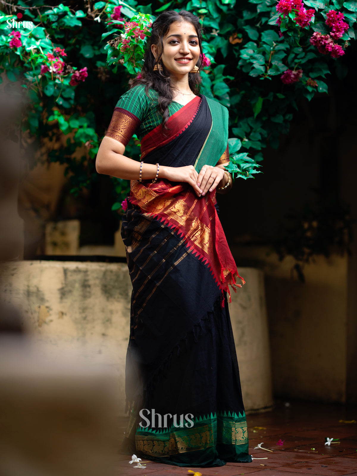 Stunning Black Cotton Sarees With Red & Green Ganga Jamuna Zari Woven Border