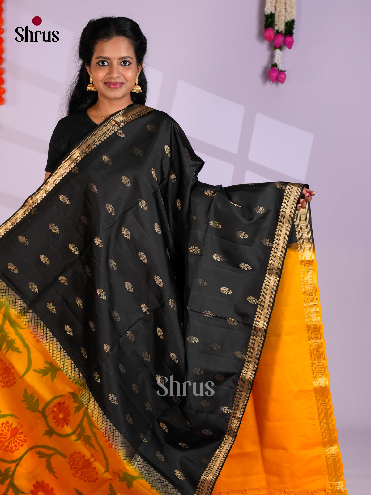 Buy Pretty Black Half & Half Pure Soft Silk Saree with Floral Buttas & Yellow Ikkat Floral Nestling