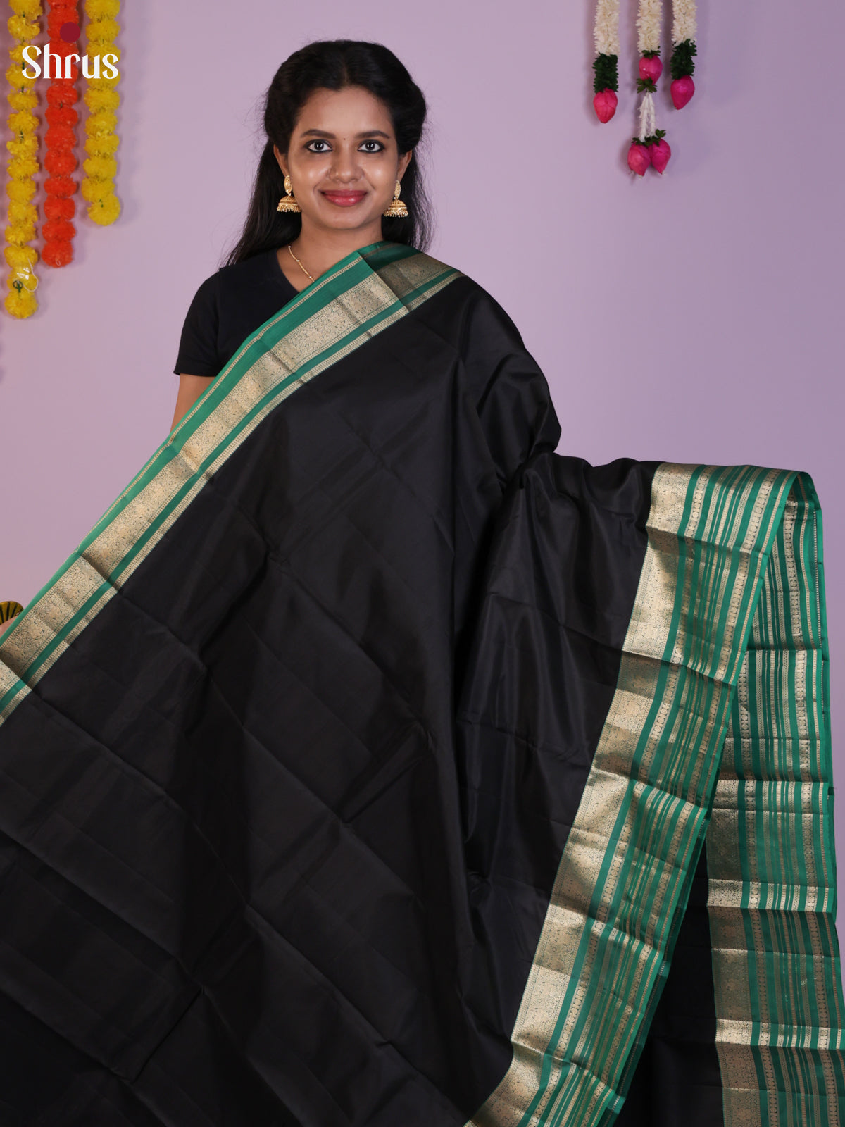 Buy Mystique Black Kanchipuram Saree With Emerald Green Striped Zari Border & Brocade Pallu