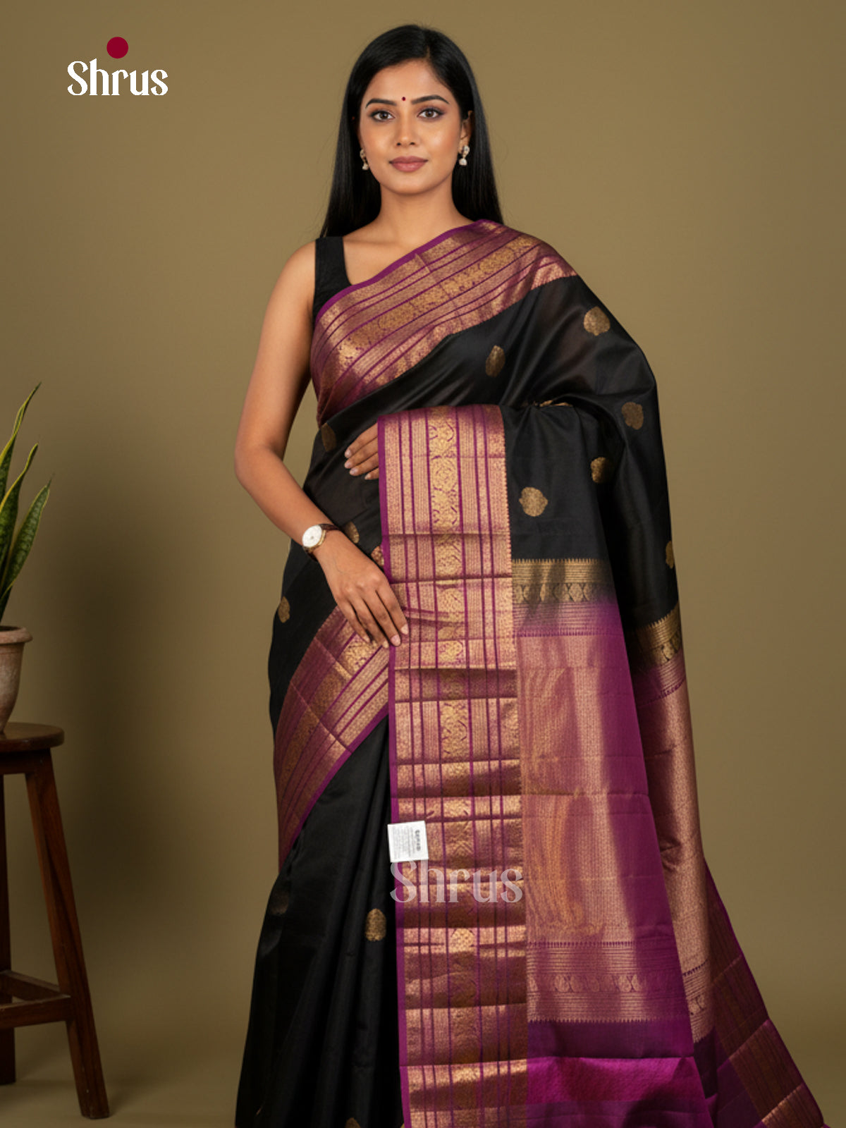 Buy Mystique Black Kanchipuram Saree With Paisley Motifs, Purple Zari Striped Border & Brocade Pallu