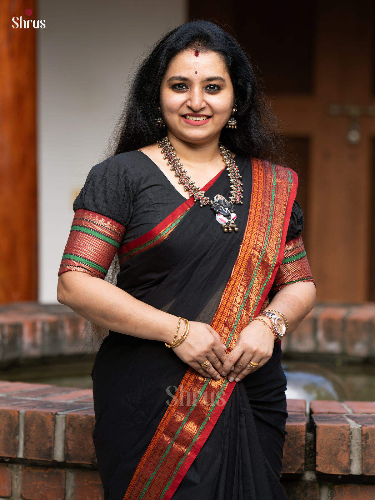 Mystique Black & Red Chettinad Cotton Saree With Red Zari Woven Border & Pallu 