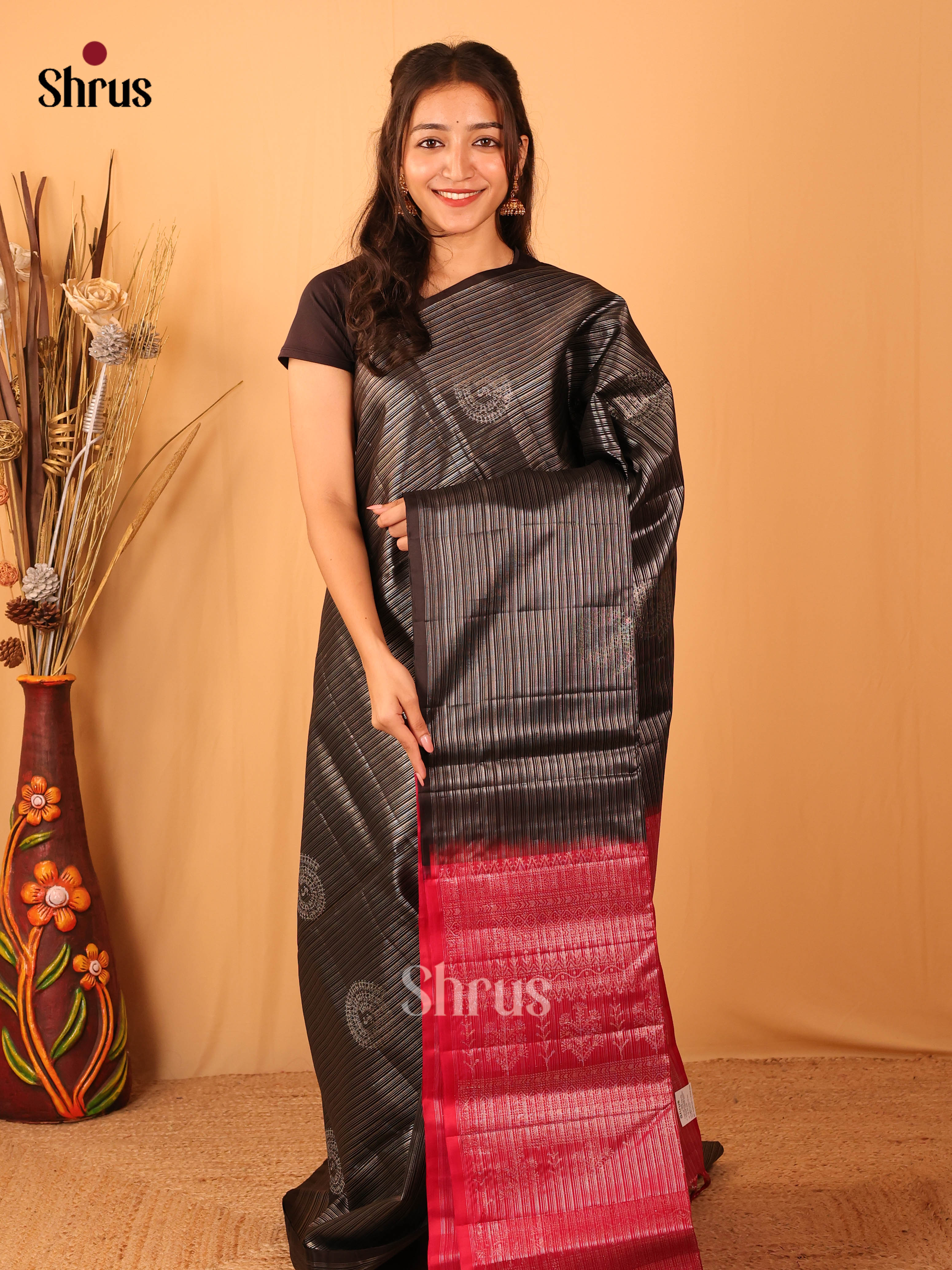 Dazzling Black Soft Silk Saree With Silver Stripes, Circular Motifs & Scarlet Red Zari Pallu