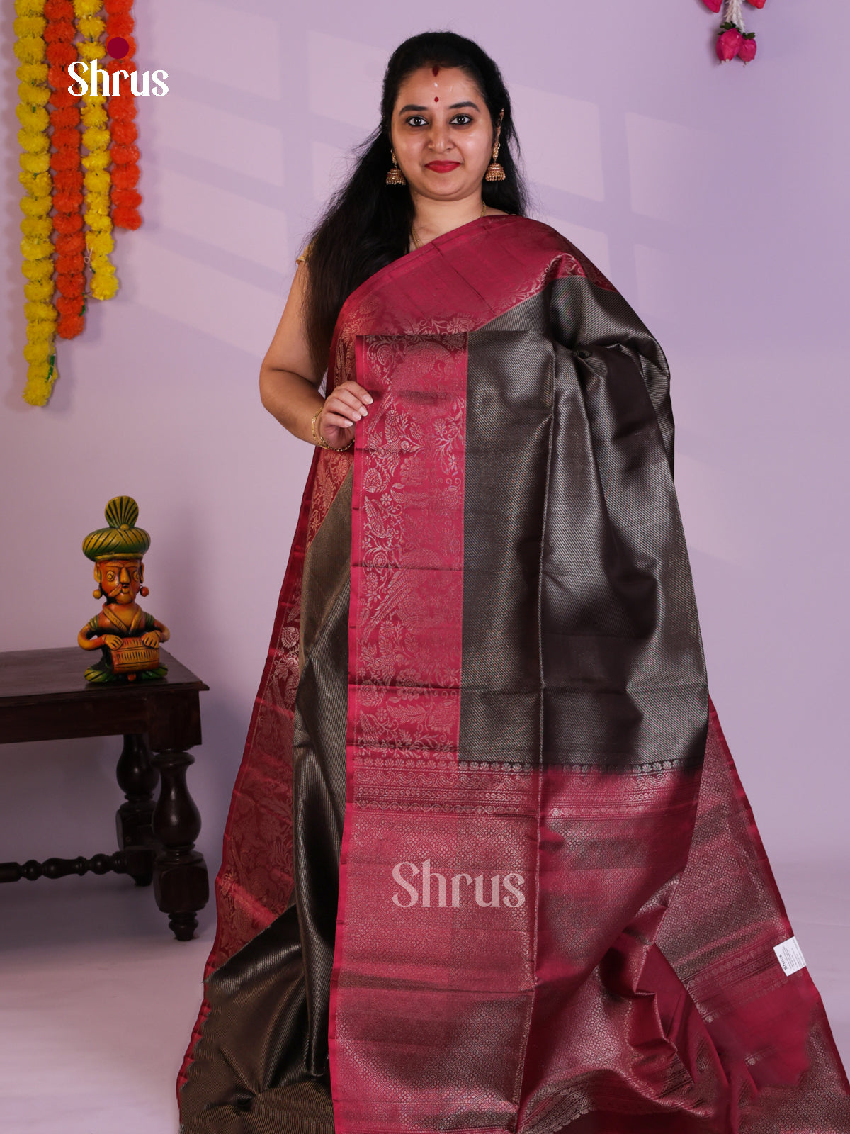 Buy Black Soft Silk Saree with Brocade Stripes & Maroon Border 
