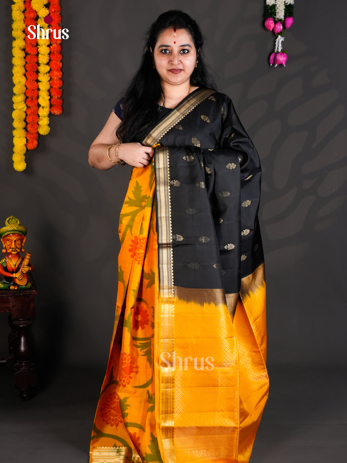 Buy Vivacious Black Soft Silk Saree with Half & Half Design And Mustard Yellow Brocade Pallu