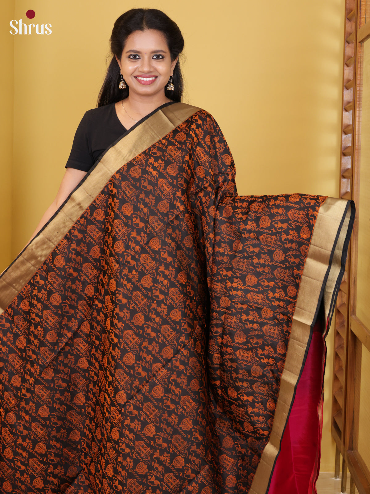 Buy Enchanting Black Soft Silk Saree with Orange Warli Inspired Motifs, Golden Border & Pink Pallu