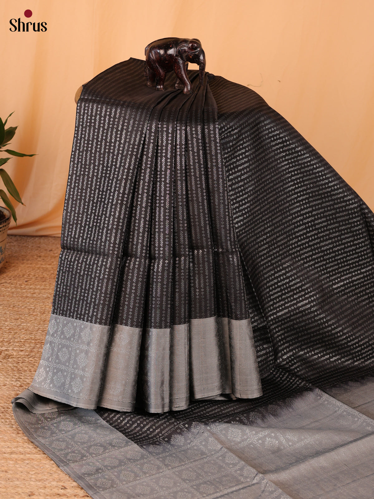 Mystique Black Soft Silk Sarees with Zari Stripes Pattern, Grey Zari Brocade Border & Pallu