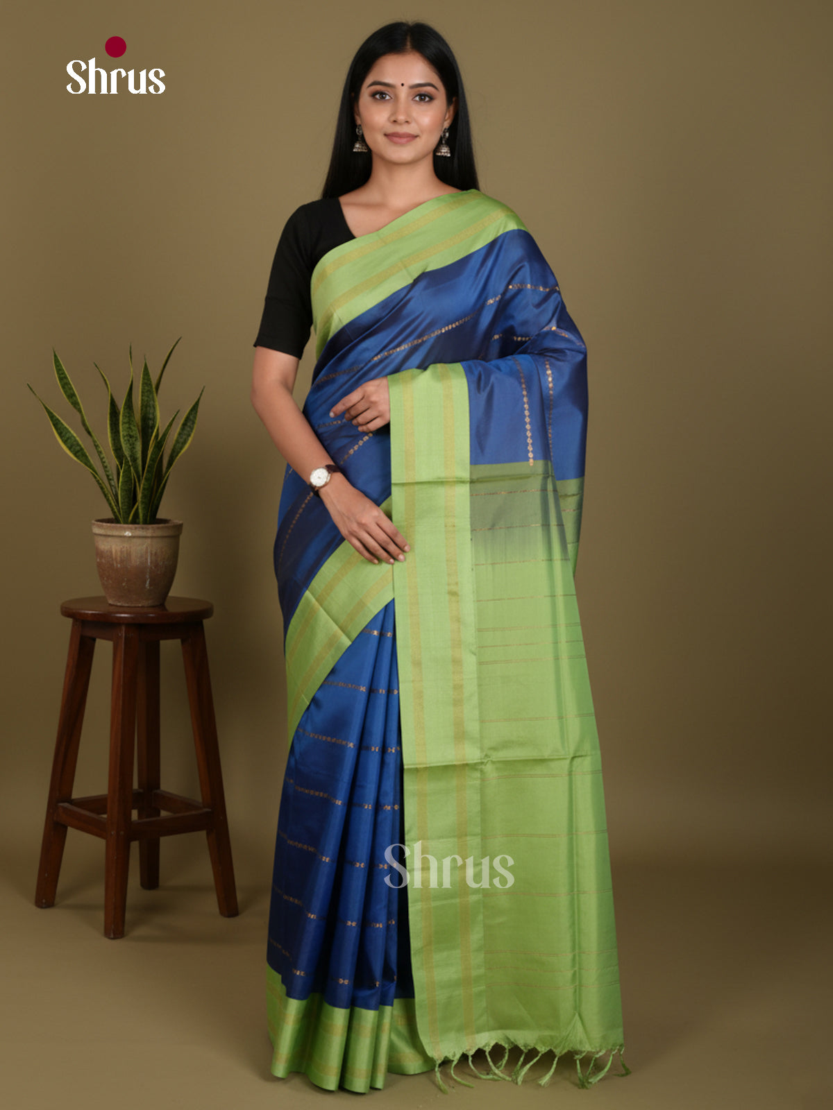 Buy Exquisite Blue Banana Pith Saree With Zari Stripes & Lime Green Rettapet Border & Pallu