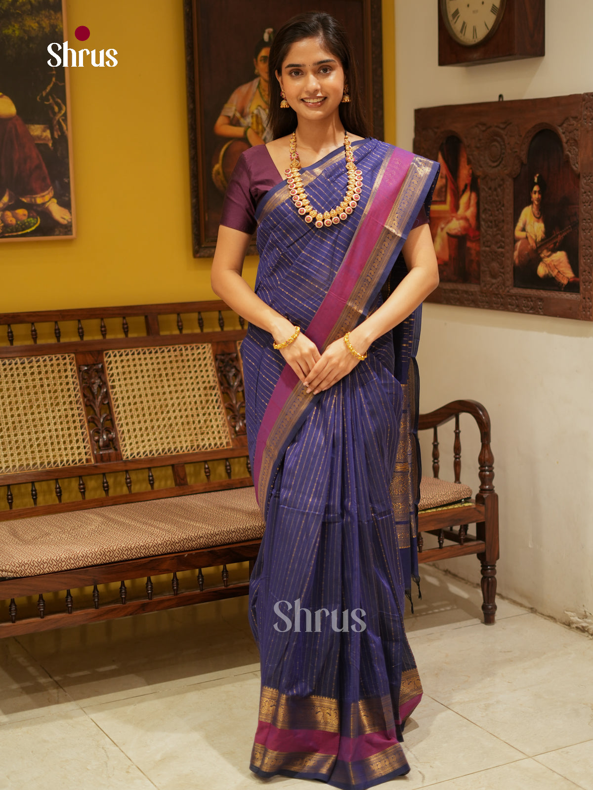 Pretty Blue Chettinad Cotton Saree With Golden Stripes & Purple Zari Border