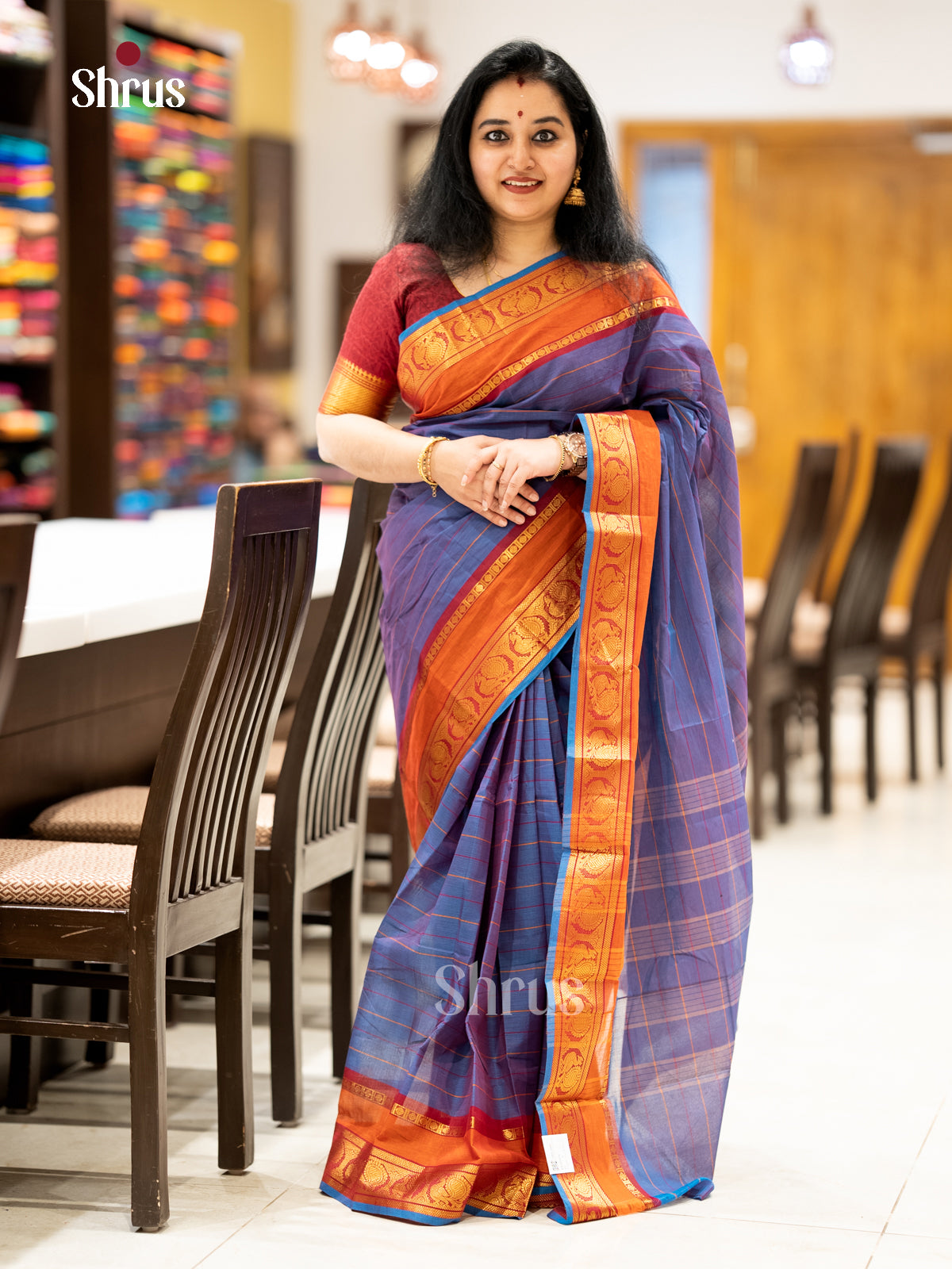 Classic Blue Chettinad Cotton Saree With Stripes & Orange Zari Border