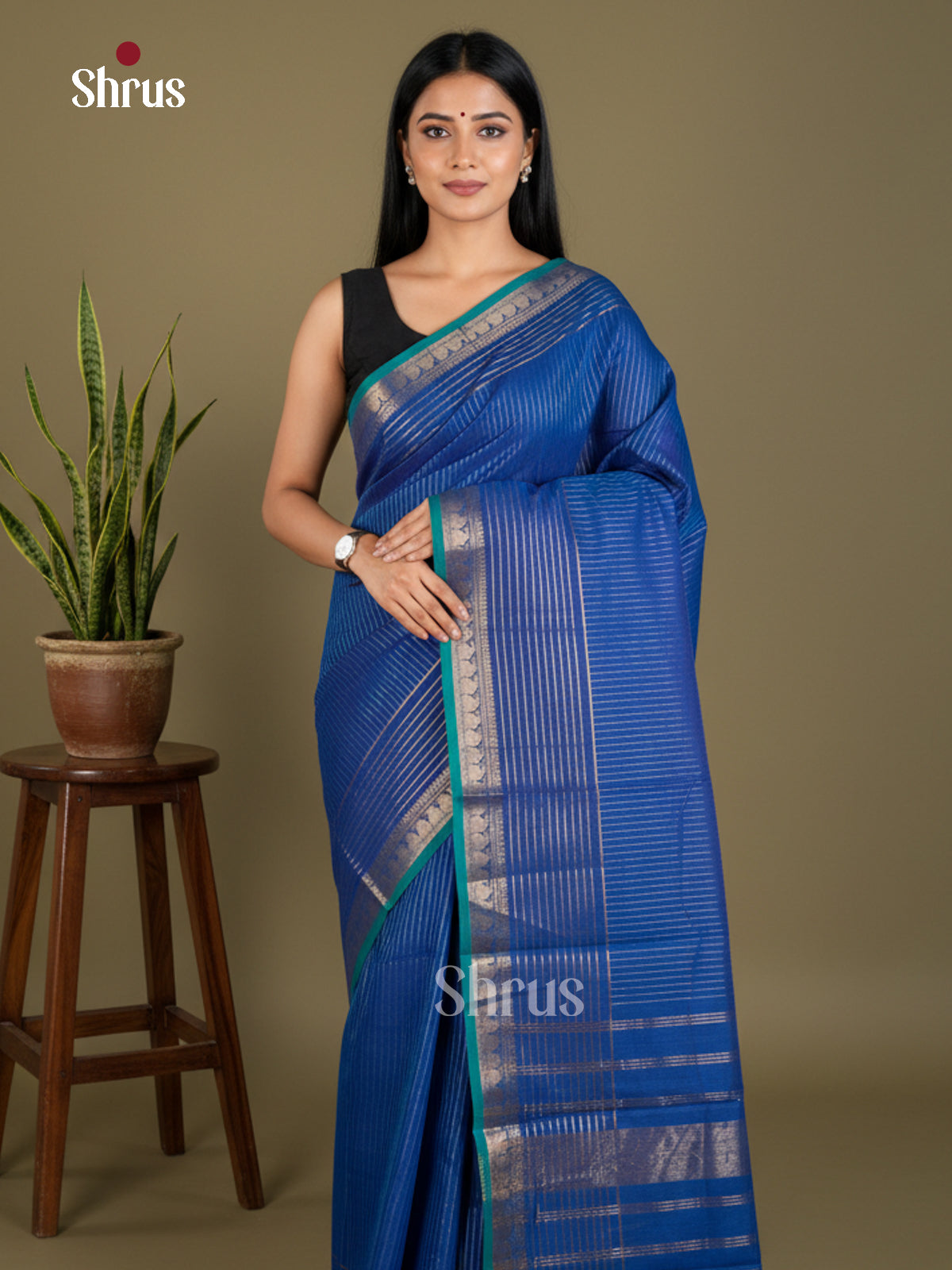 Blue Chettinad Cotton Sarees With Gold Stripes & Zari Woven Small Border