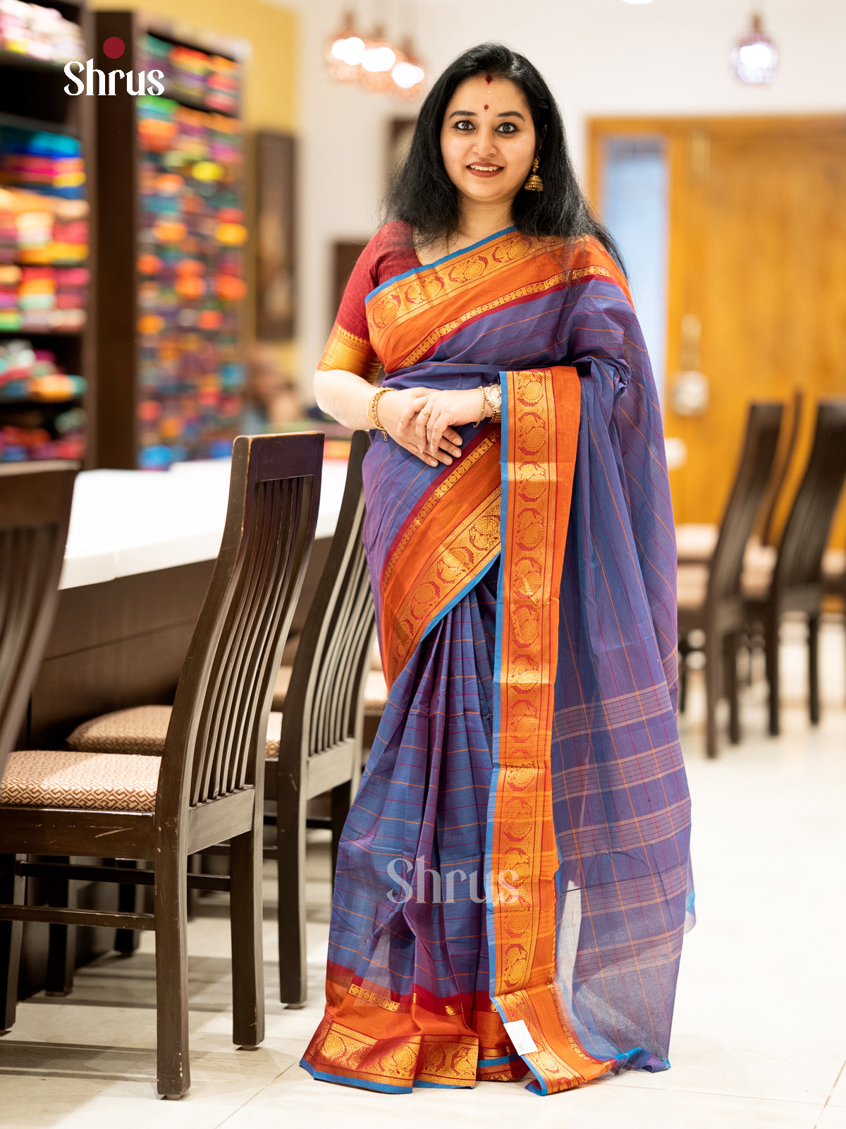 Classic Blue Chettinad Cotton Sarees With Stripes & Orange Zari Border