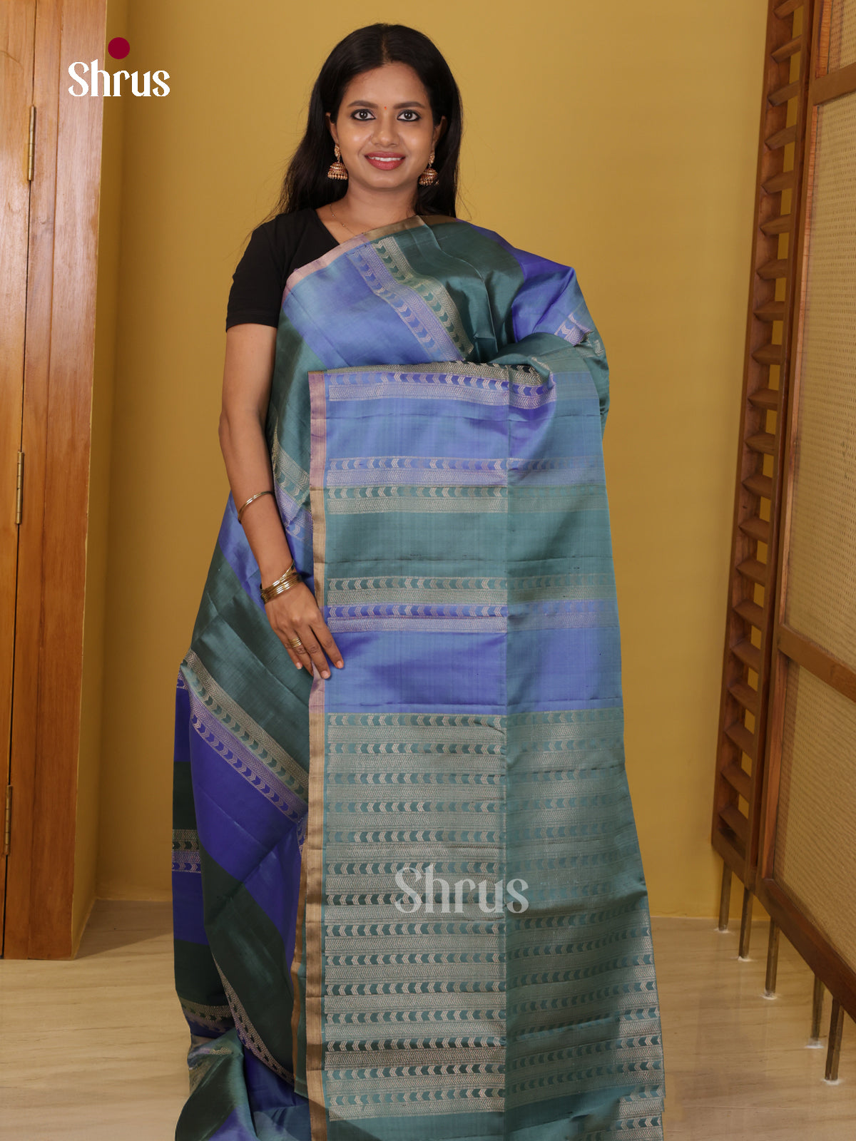Buy Beautiful Blue & Green Soft Silk Saree with Horizontal Zari Stripes & Geometric Patterns