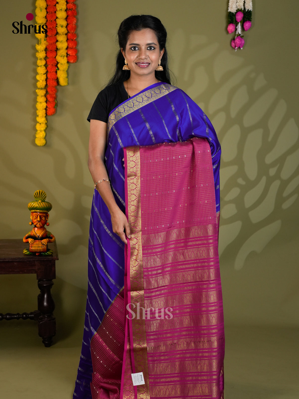 Buy Majestic Blue Half & Half Mysore Silk Saree with Gold Stripes, Purple Checked Border & Pallu