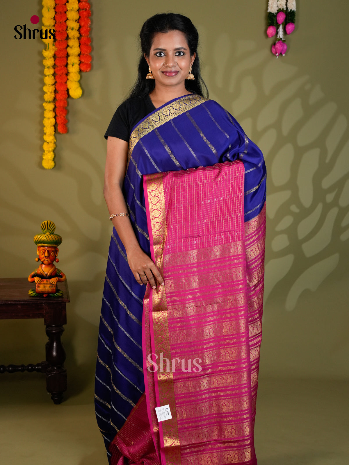 Buy Enchanting Blue Half & Half Mysore Silk Saree with Gold Stripes, Purple Checks & Zari Pallu