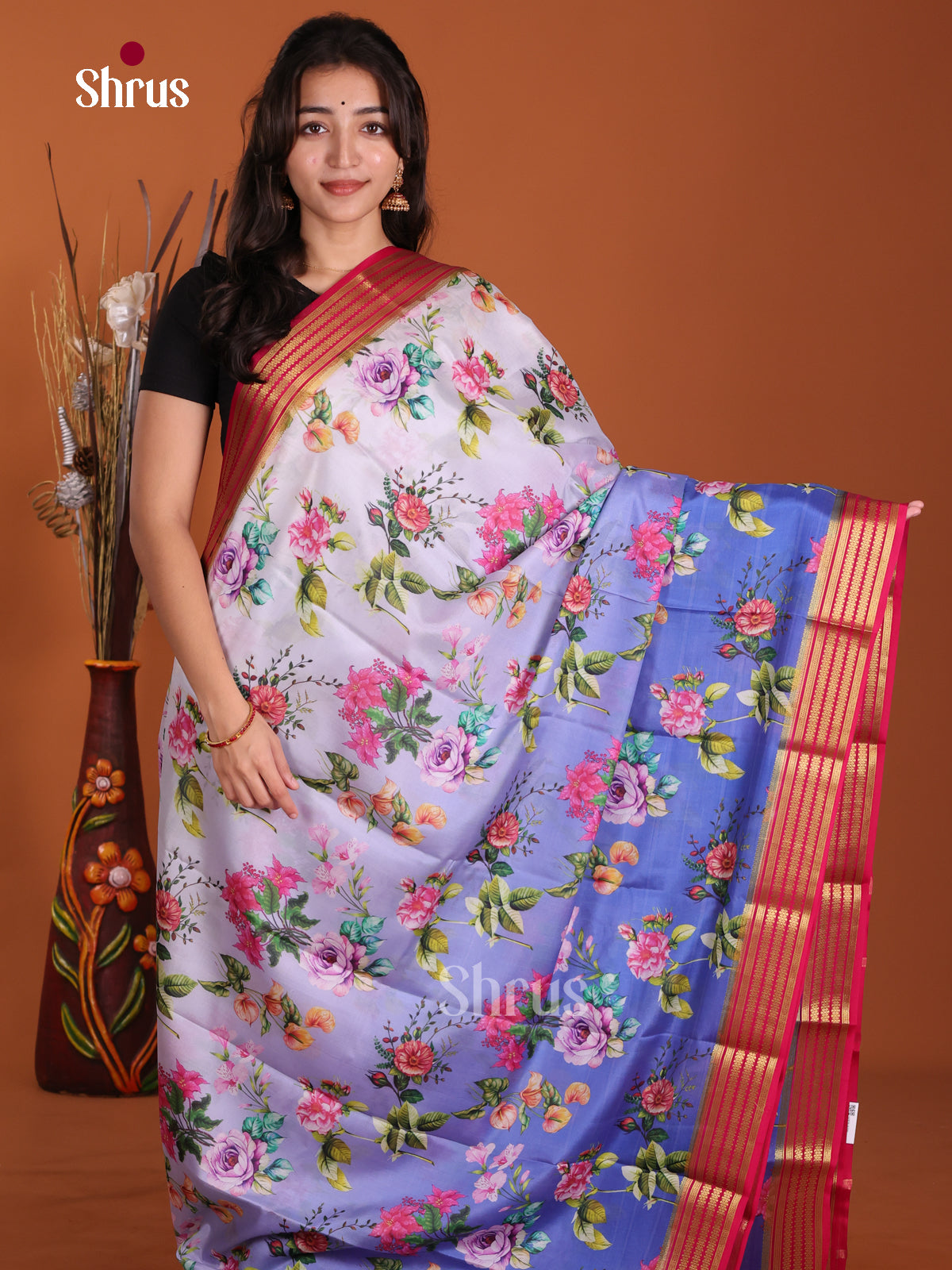 Buy Serene Blue Mysore Crepe Silk Saree with Floral Prints, Pink Striped Zari Border & Chit Pallu