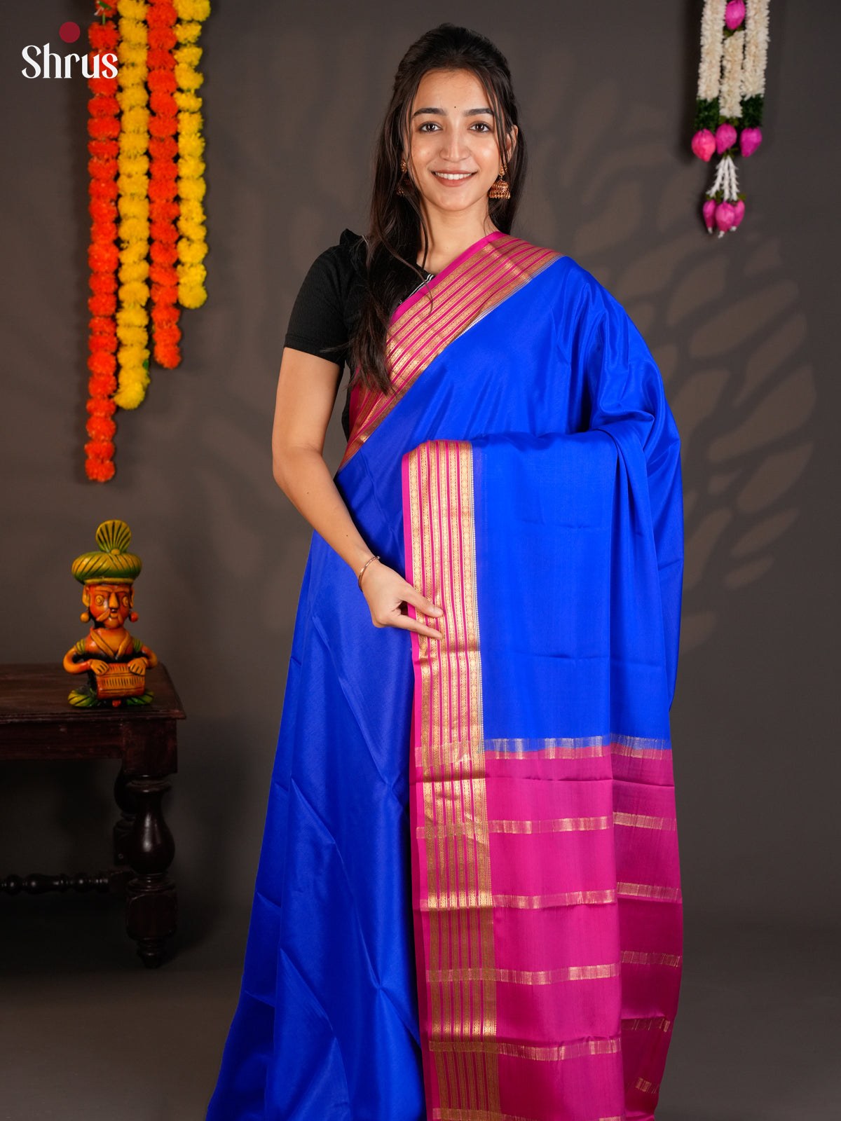 Buy Vibrant Blue Mysore Crepe Silk Saree with Plain Body, Pink Zari Striped Border & Chit Pallu