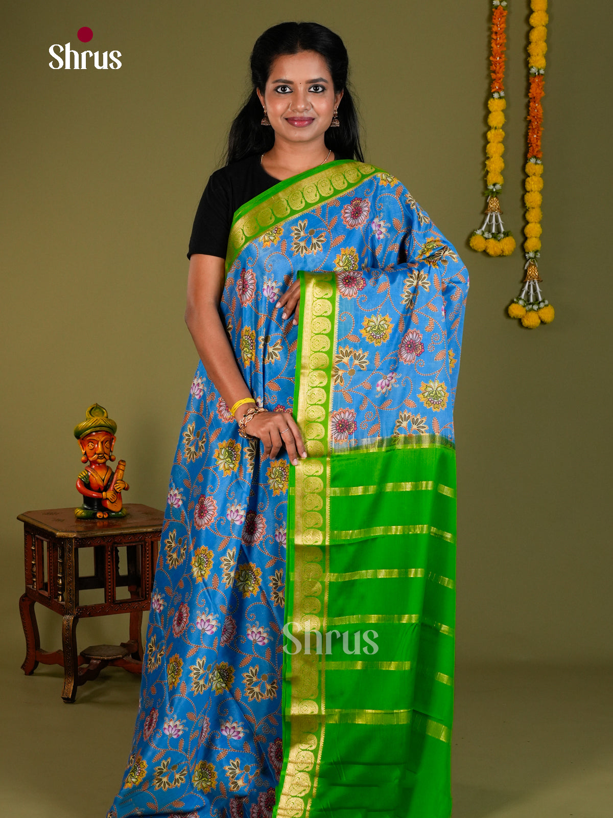 Buy Classic Blue Mysore Silk Saree with Floral Print & Green Zari Border With Mango Motifs
