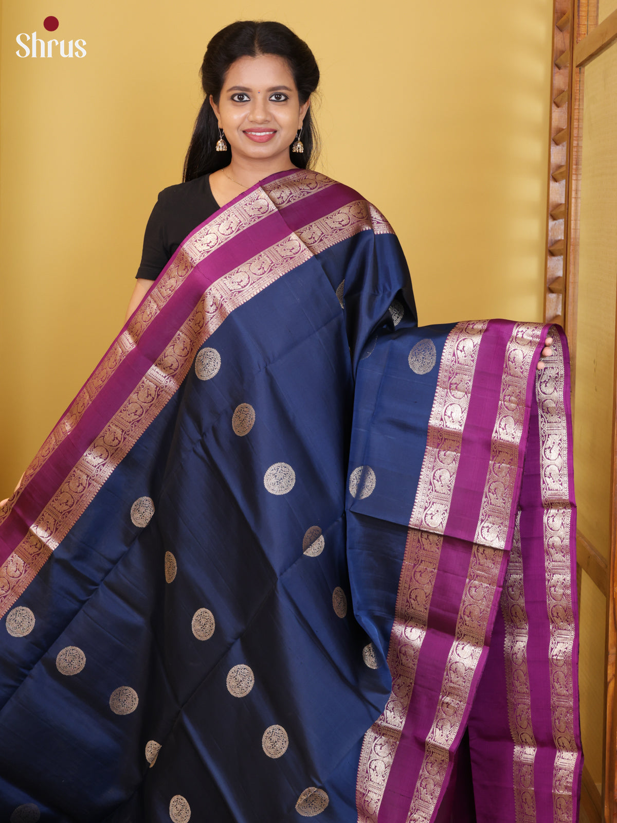 Buy Stunning Blue Pure Soft Silk Saree with Circular Motifs, Purple Rettapet Zari Border & Pallu