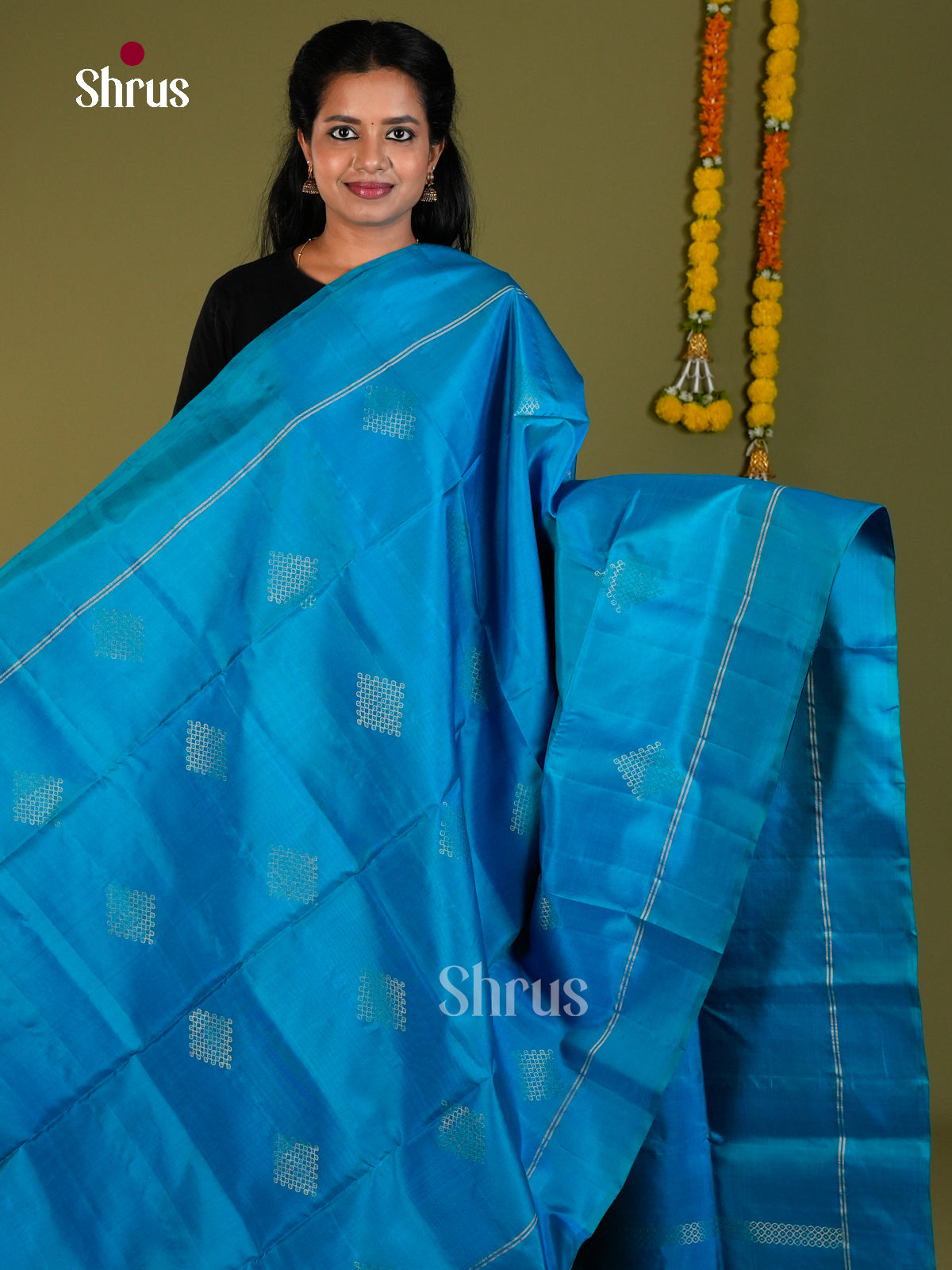 Buy Premium Blue Pure Soft Silk Saree with Golden Kolam Motifs, Plain Border & Zari Pallu