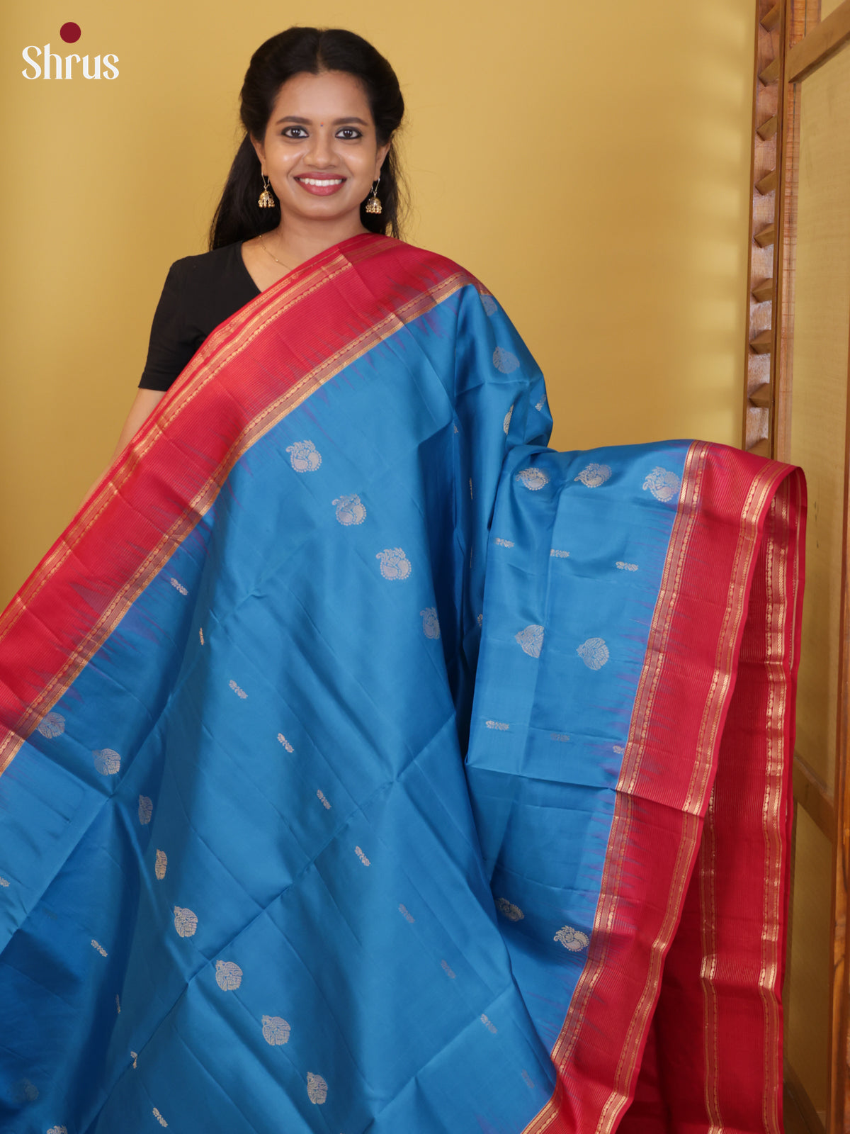 Buy Lustrous Blue Pure Soft Silk Saree with Zari Floral Motifs, Red Rettapet Border & Brocade Pallu