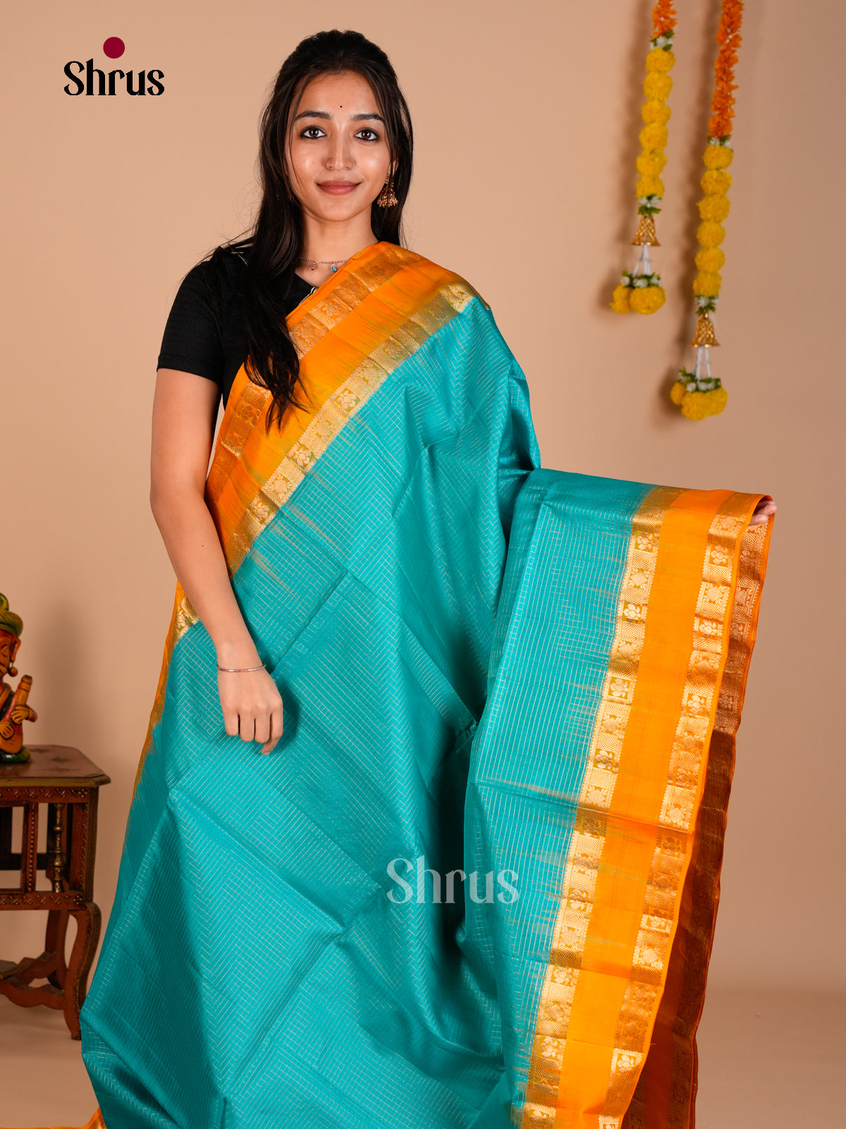 Buy Celestial Blue Pure Soft Silk Saree with Zari Kattams & Mustard Rettaipet Border