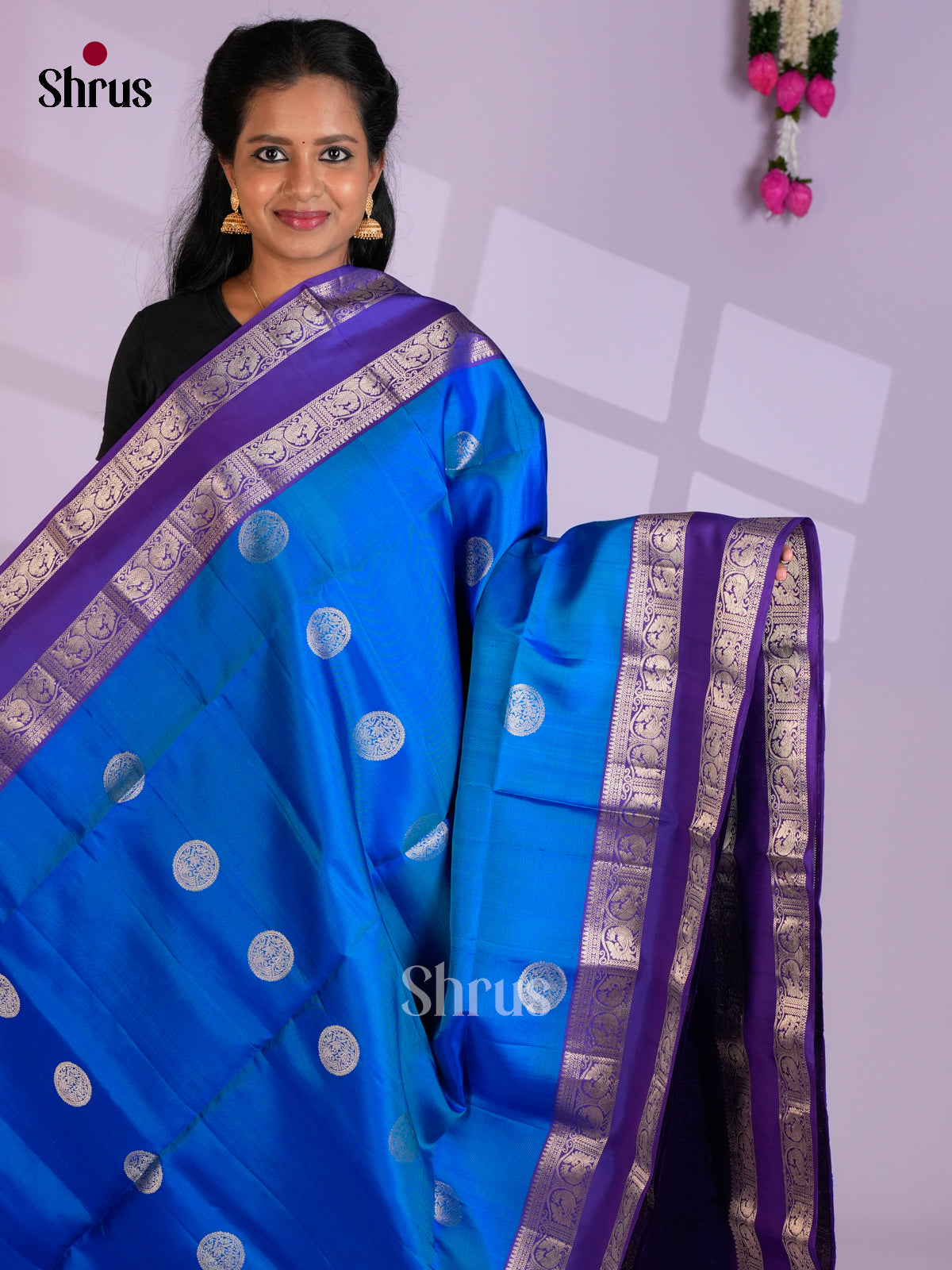 Buy Chic Blue Pure Soft Silk Saree with Zari Peacock & Round Buttas, Violet Rettaipet Border & Pallu