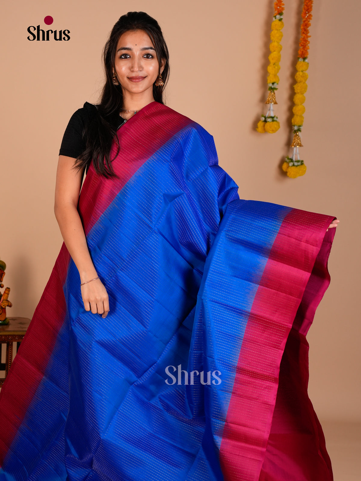 Buy Beautiful Blue Pure Soft Silk Saree with Zari Pinstripes, Magenta Border And Brocade Pallu  