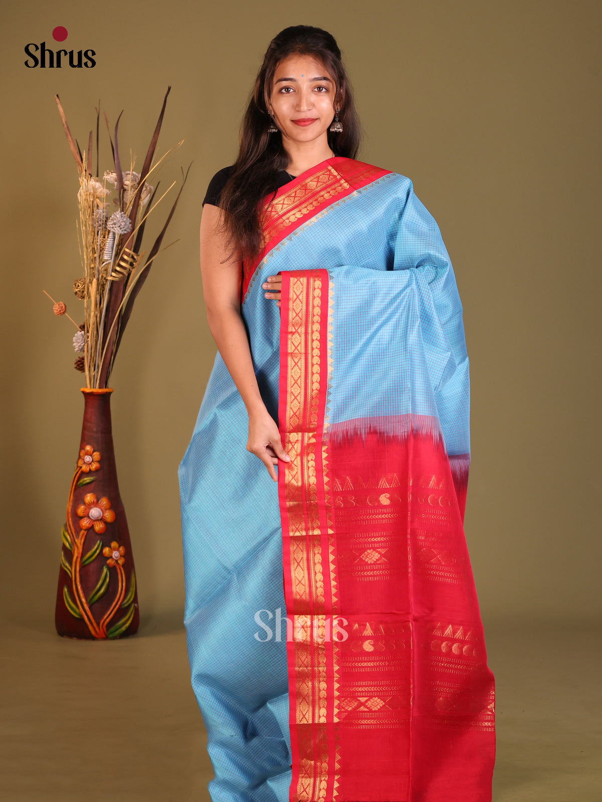 Buy Graceful Blue Silk Cotton Saree with Checks & Red Zari Korvai Border