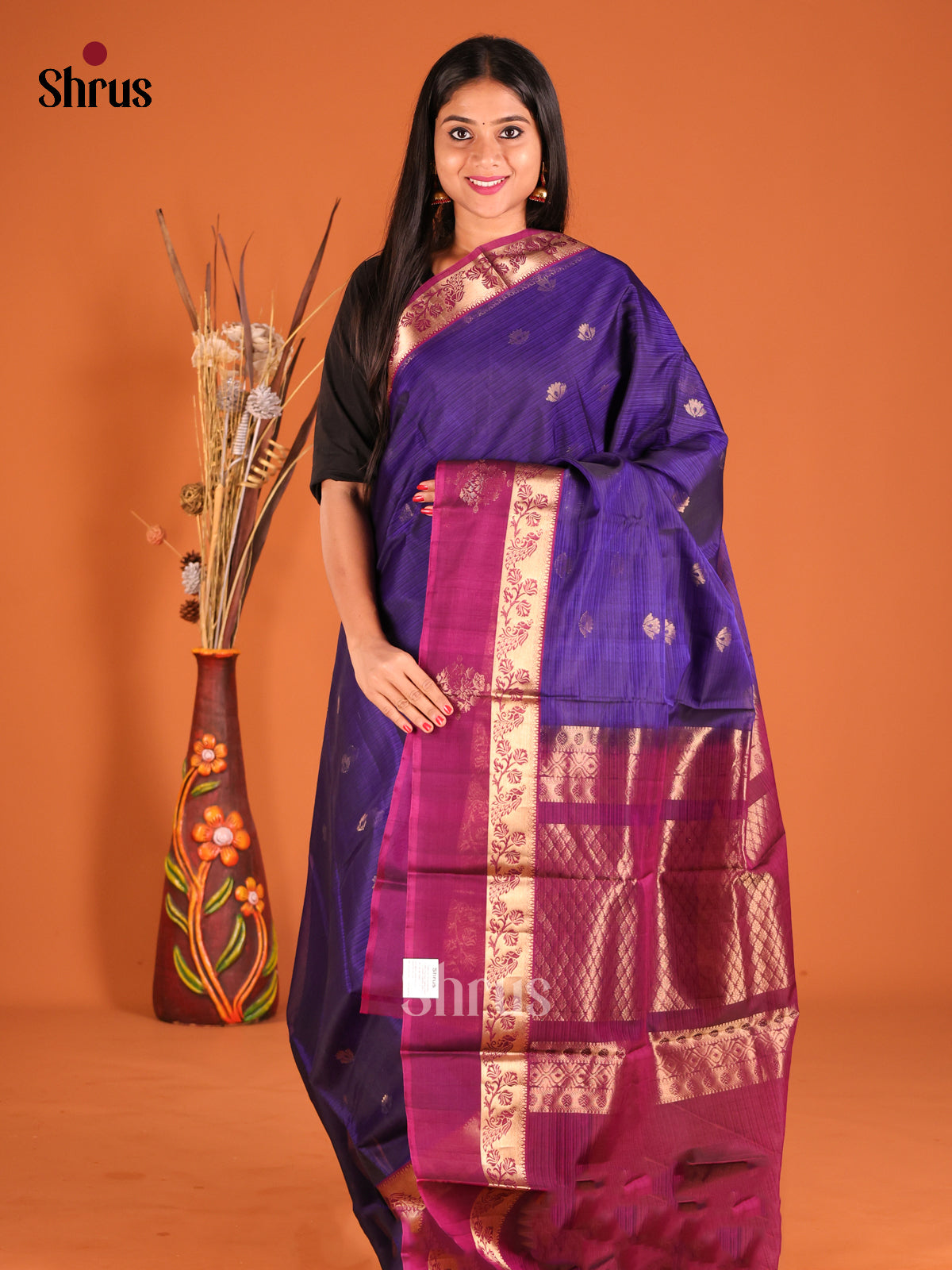 Buy Timeless Blue Silk Cotton Saree with Golden Buttas & Maroon zari brocade pallu