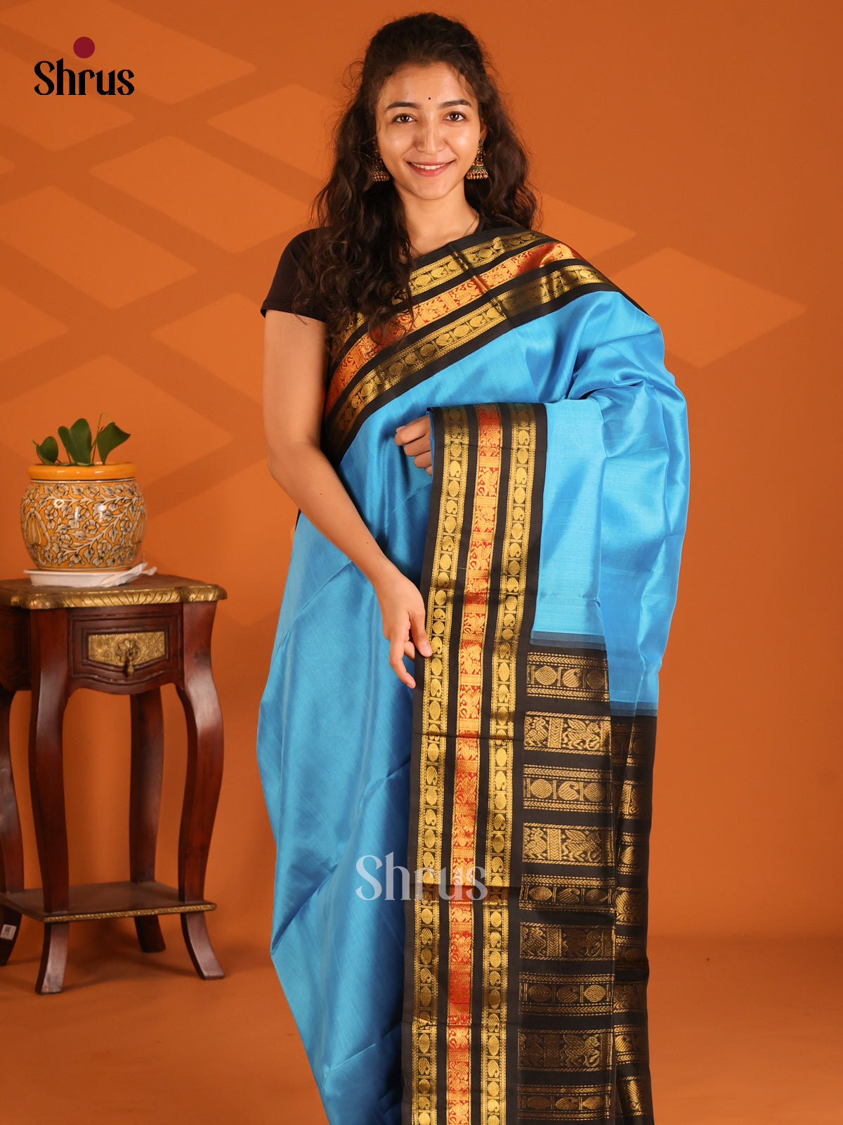 Buy Striking Blue Silk Cotton Saree with Plain Body & Black Border With Zari Stripes